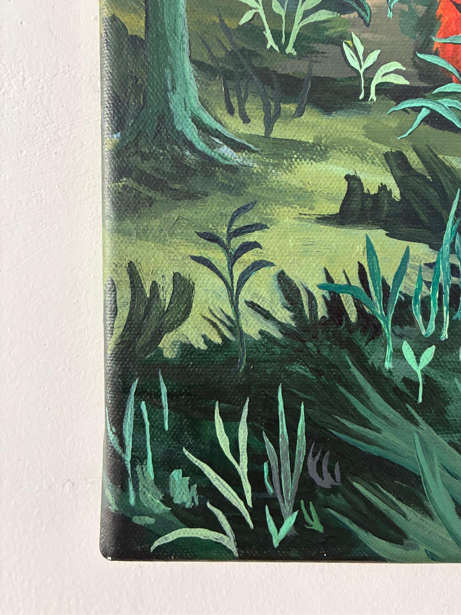 Bleeding Sky de Rene Gonzalez - peinture, paysage forestier, nuit, renard, animal en vente 11