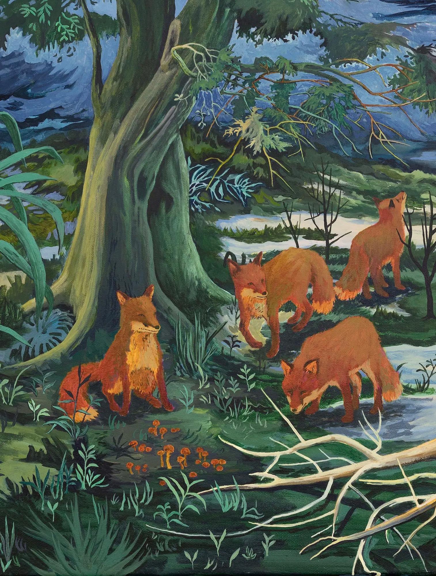 Bleeding Sky de Rene Gonzalez - peinture, paysage forestier, nuit, renard, animal en vente 1