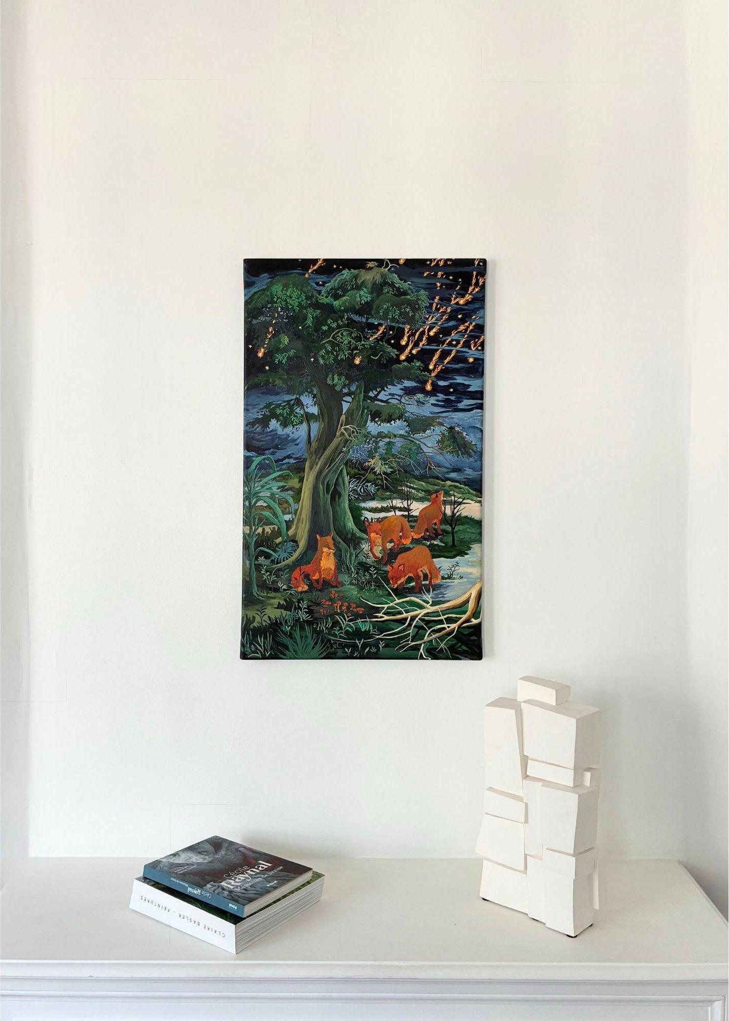 Bleeding Sky de Rene Gonzalez - peinture, paysage forestier, nuit, renard, animal en vente 1