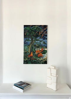 Bleeding Sky di Rene Gonzalez - pittura, paesaggio forestale, notte, volpi, animali