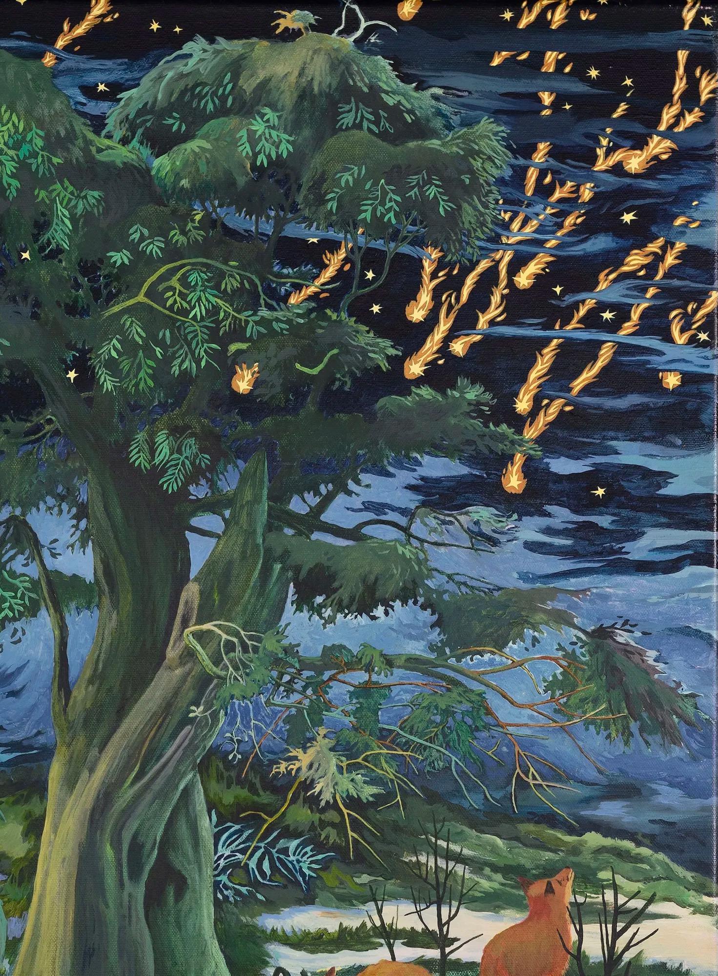 Bleeding Sky de Rene Gonzalez - peinture, paysage forestier, nuit, renard, animal en vente 2