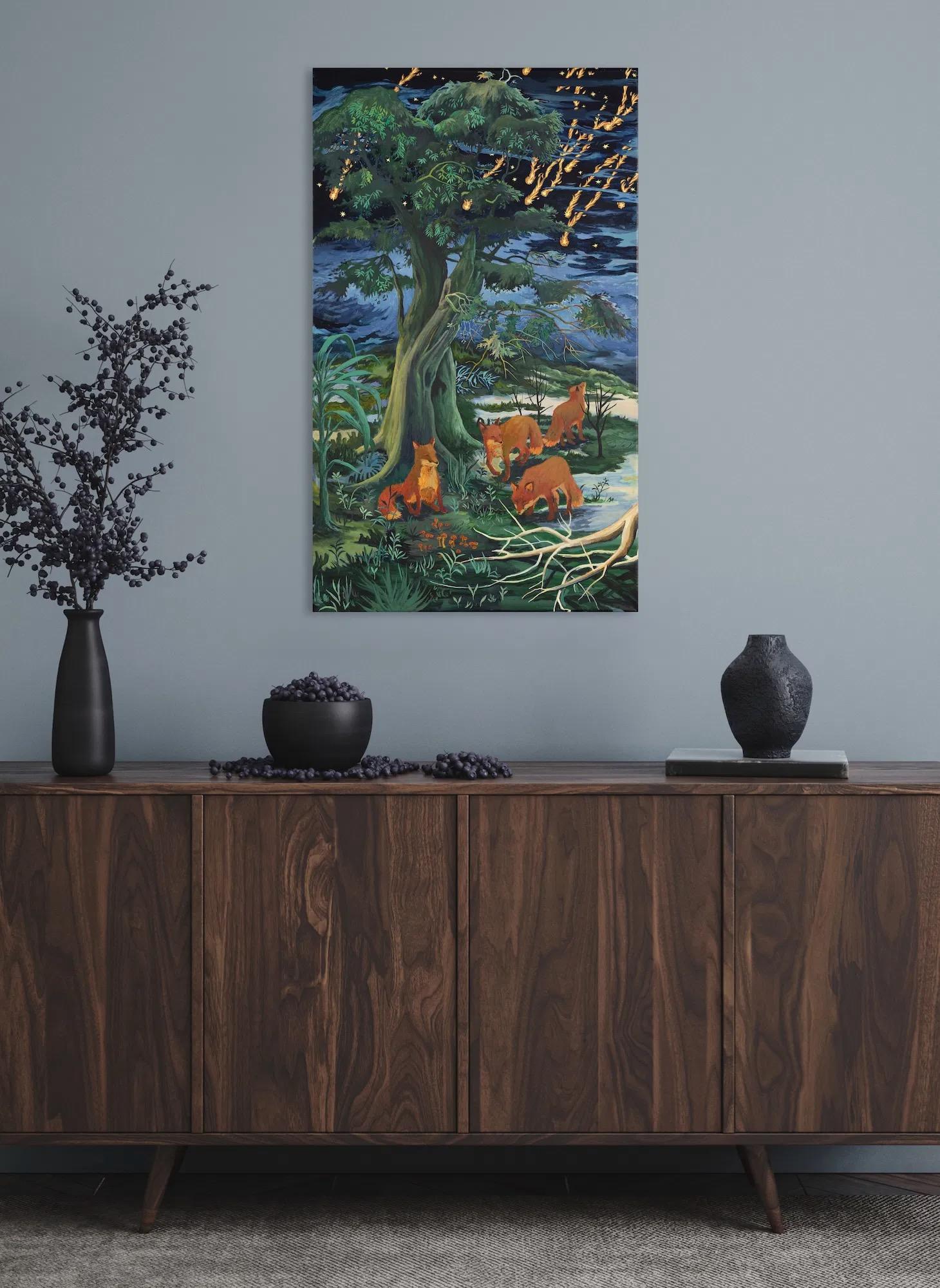 Bleeding Sky de Rene Gonzalez - peinture, paysage forestier, nuit, renard, animal en vente 2