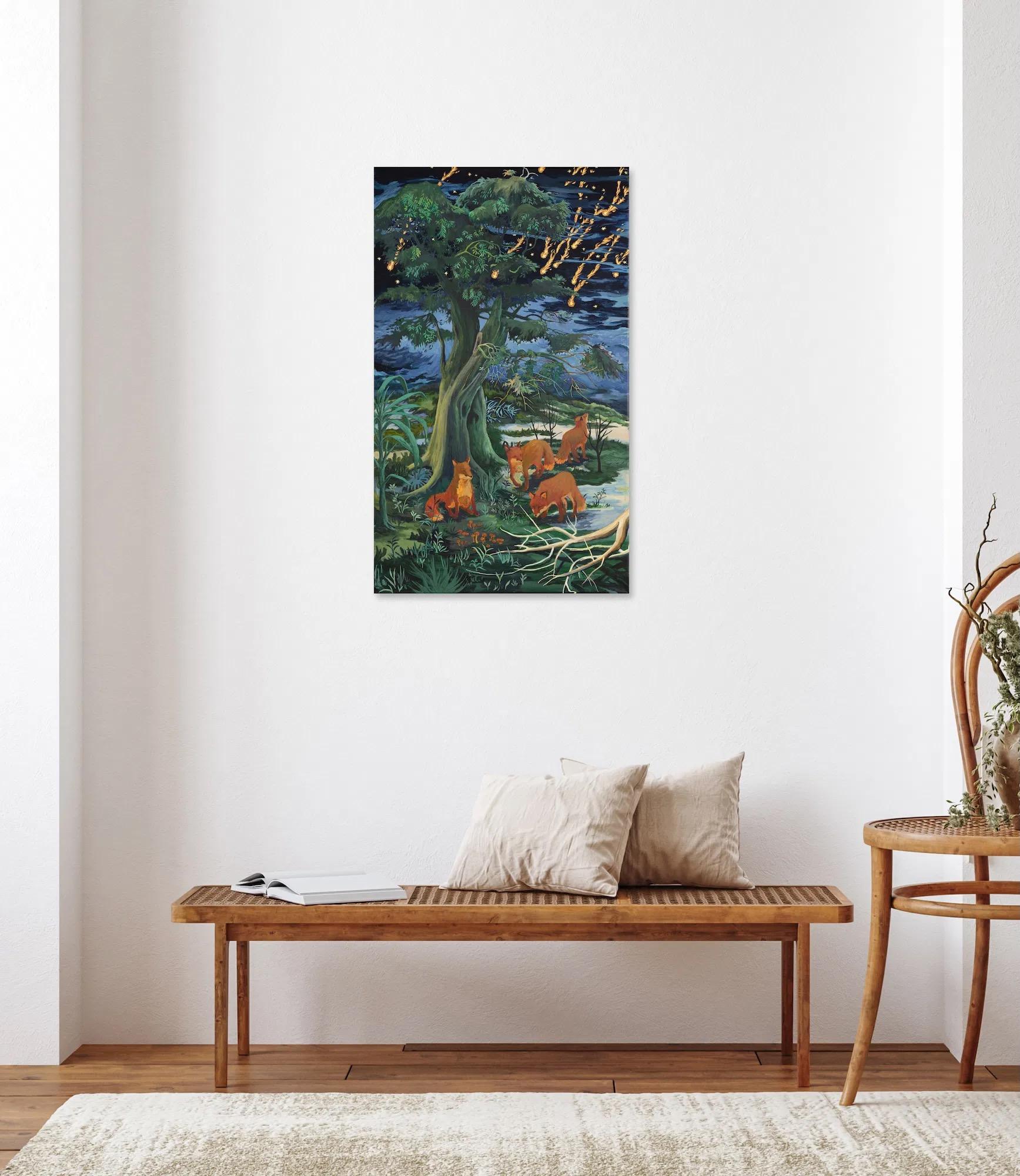 Bleeding Sky de Rene Gonzalez - peinture, paysage forestier, nuit, renard, animal en vente 3