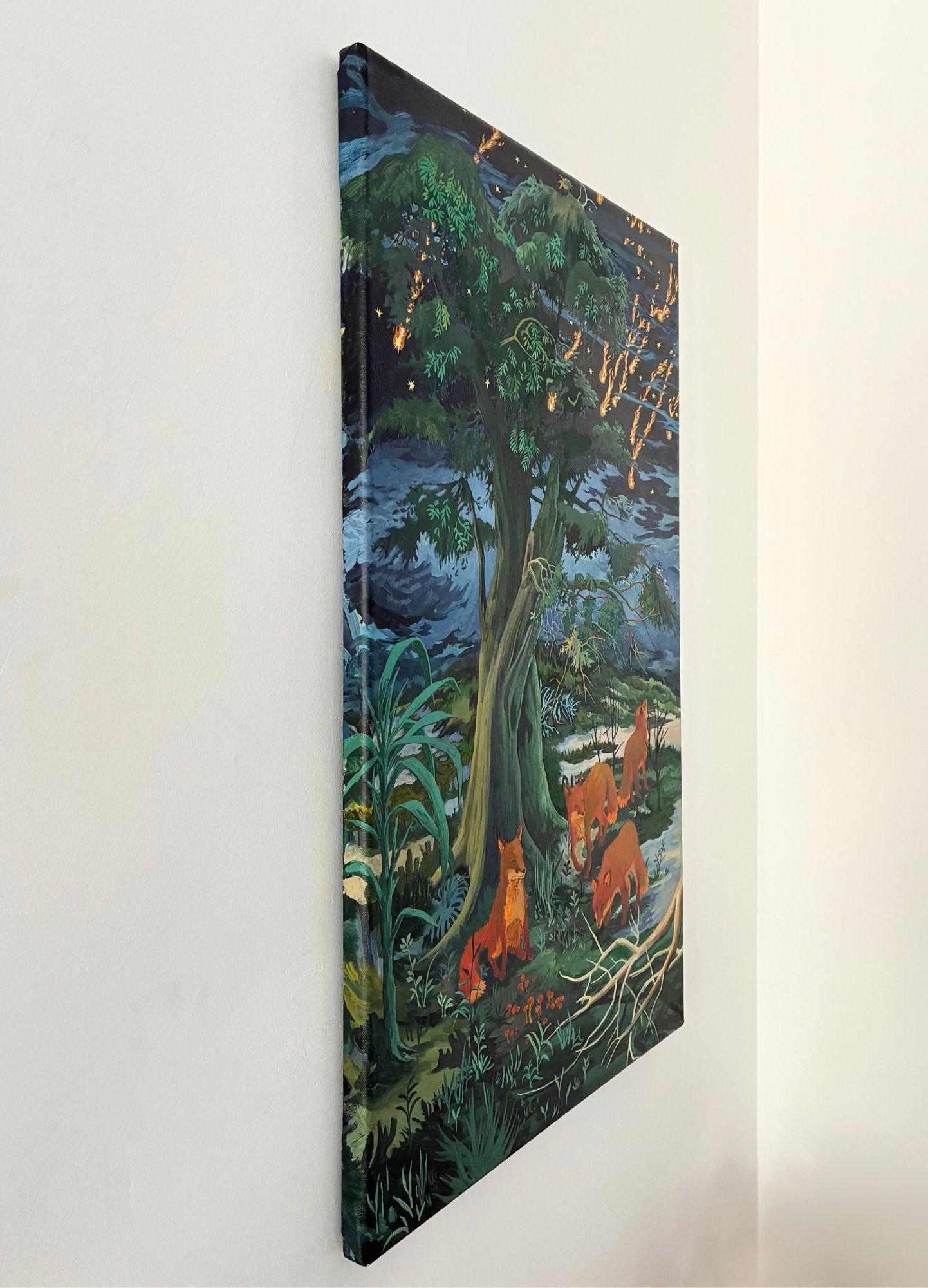 Bleeding Sky de Rene Gonzalez - peinture, paysage forestier, nuit, renard, animal en vente 4