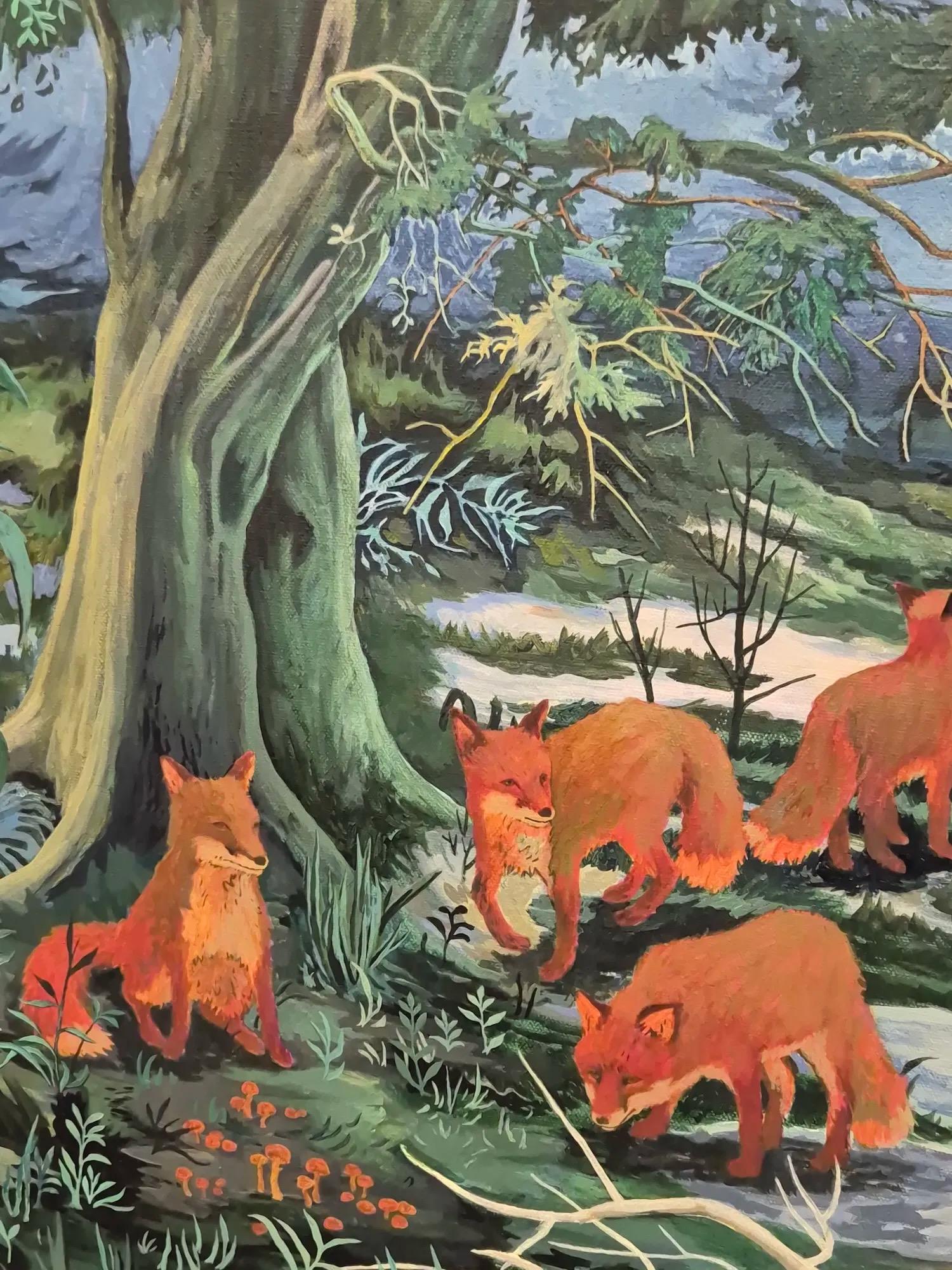 Bleeding Sky de Rene Gonzalez - peinture, paysage forestier, nuit, renard, animal en vente 5
