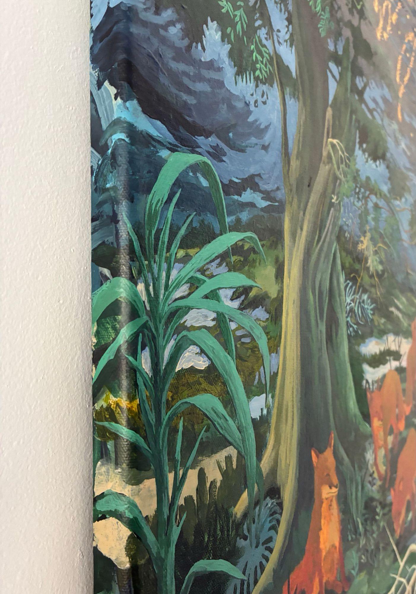 Bleeding Sky de Rene Gonzalez - peinture, paysage forestier, nuit, renard, animal en vente 5