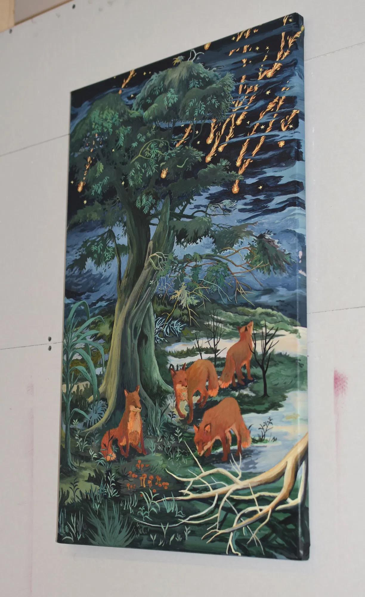 Bleeding Sky de Rene Gonzalez - peinture, paysage forestier, nuit, renard, animal en vente 6