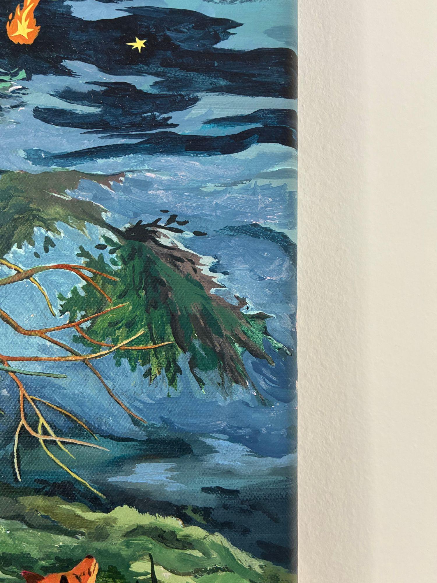 Bleeding Sky von Rene Gonzalez - Gemälde, Waldlandschaft, Nacht, Füchse, Tier im Angebot 6