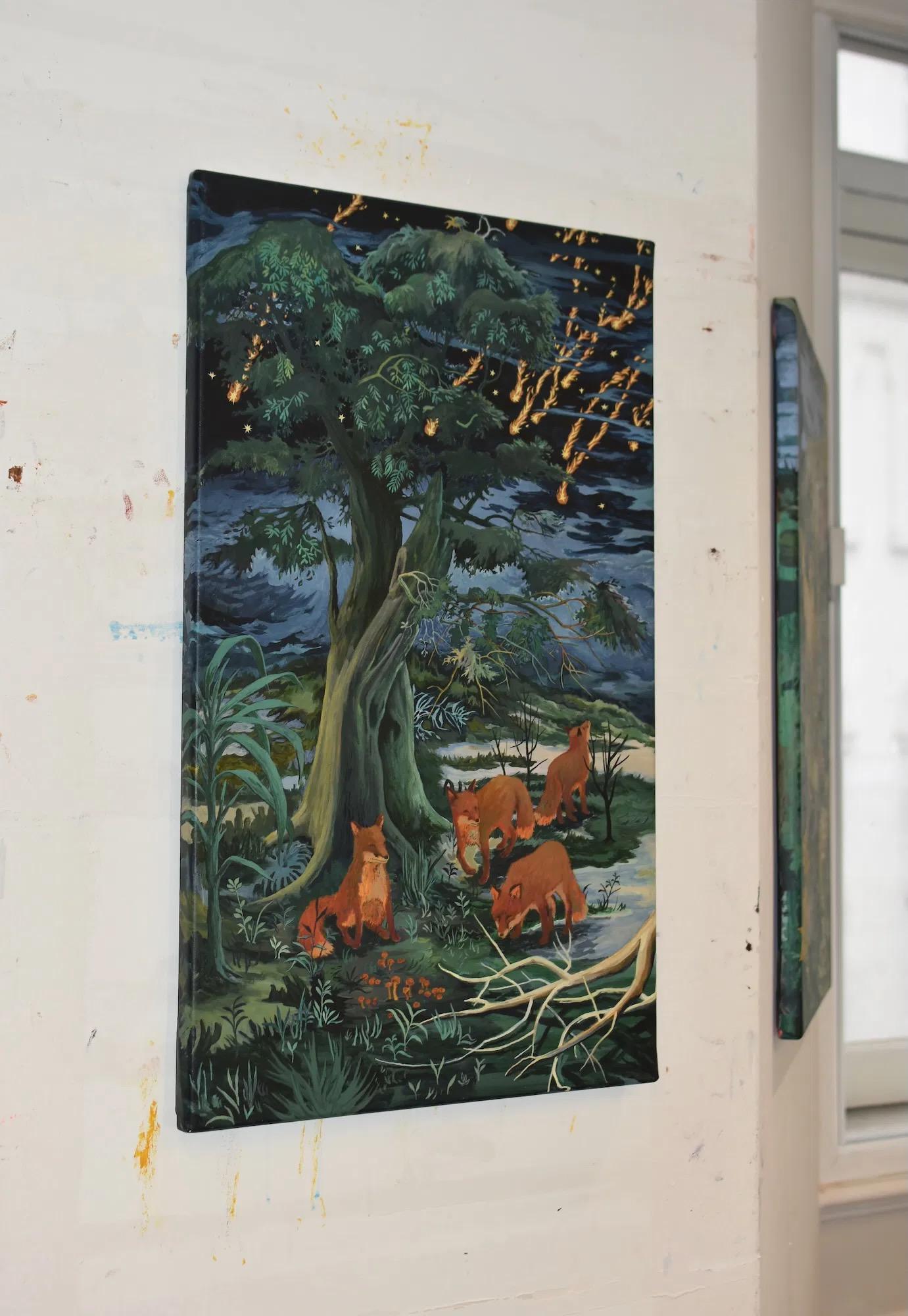 Bleeding Sky de Rene Gonzalez - peinture, paysage forestier, nuit, renard, animal en vente 7