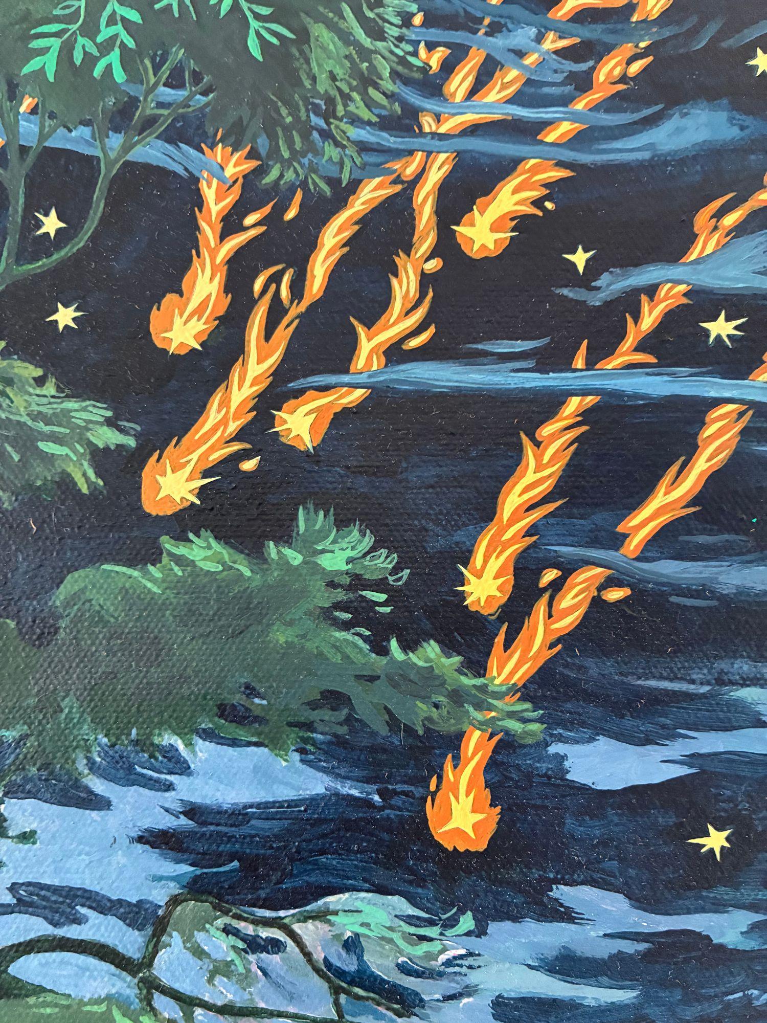 Bleeding Sky de Rene Gonzalez - peinture, paysage forestier, nuit, renard, animal en vente 7