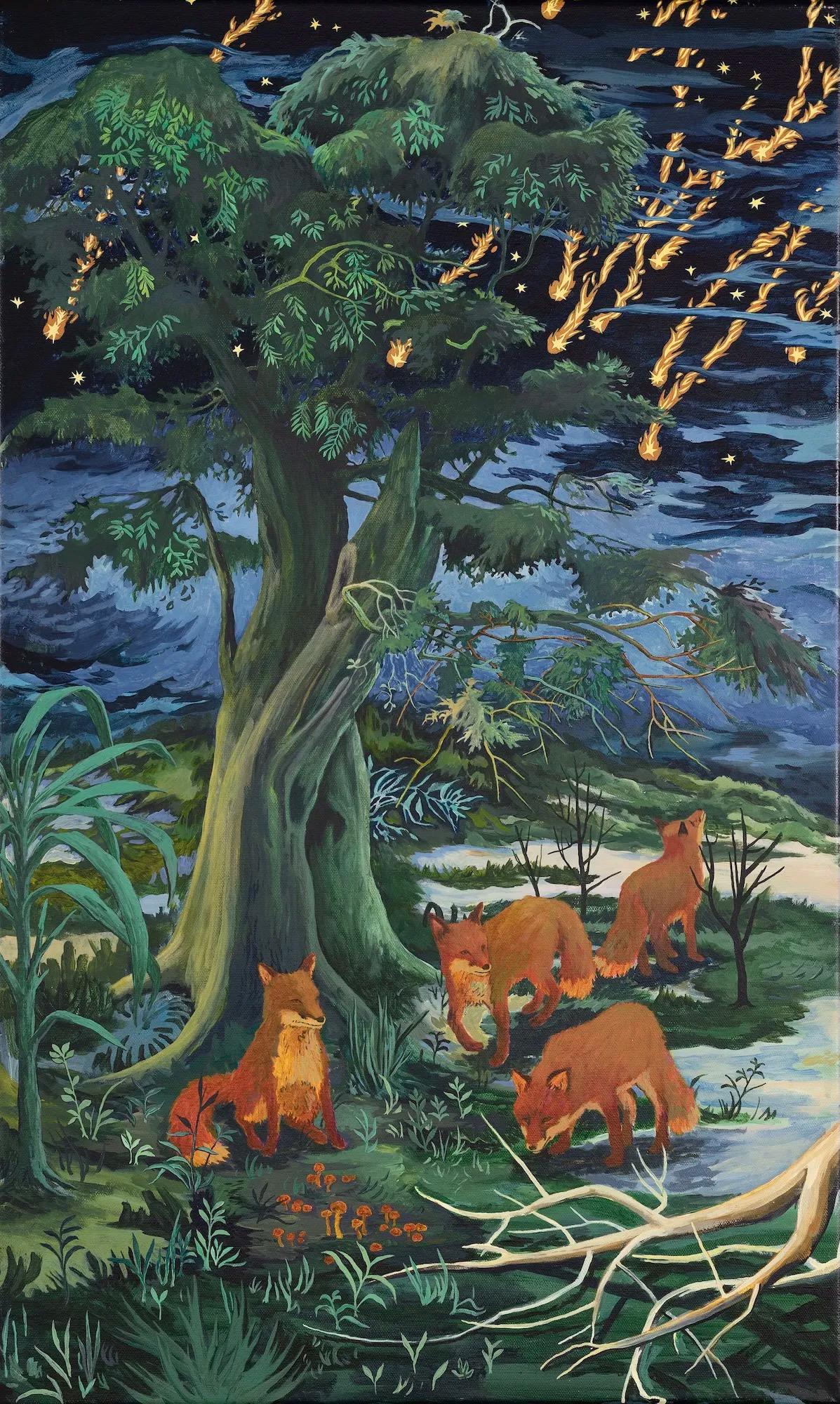 Bleeding Sky by Rene Gonzalez - painting, forest landscape, night, foxes, animal