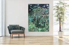 Fallen Willow par Rene His - Peinture contemporaine, paysage de forêt la nuit