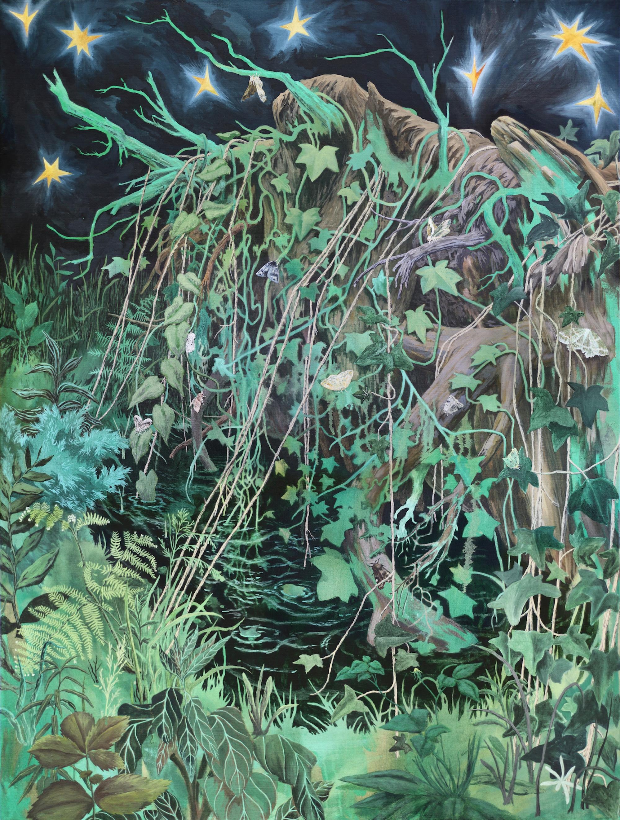 Fallen Willow by Rene Gonzalez - Contemporary Painting, forest scenery at night