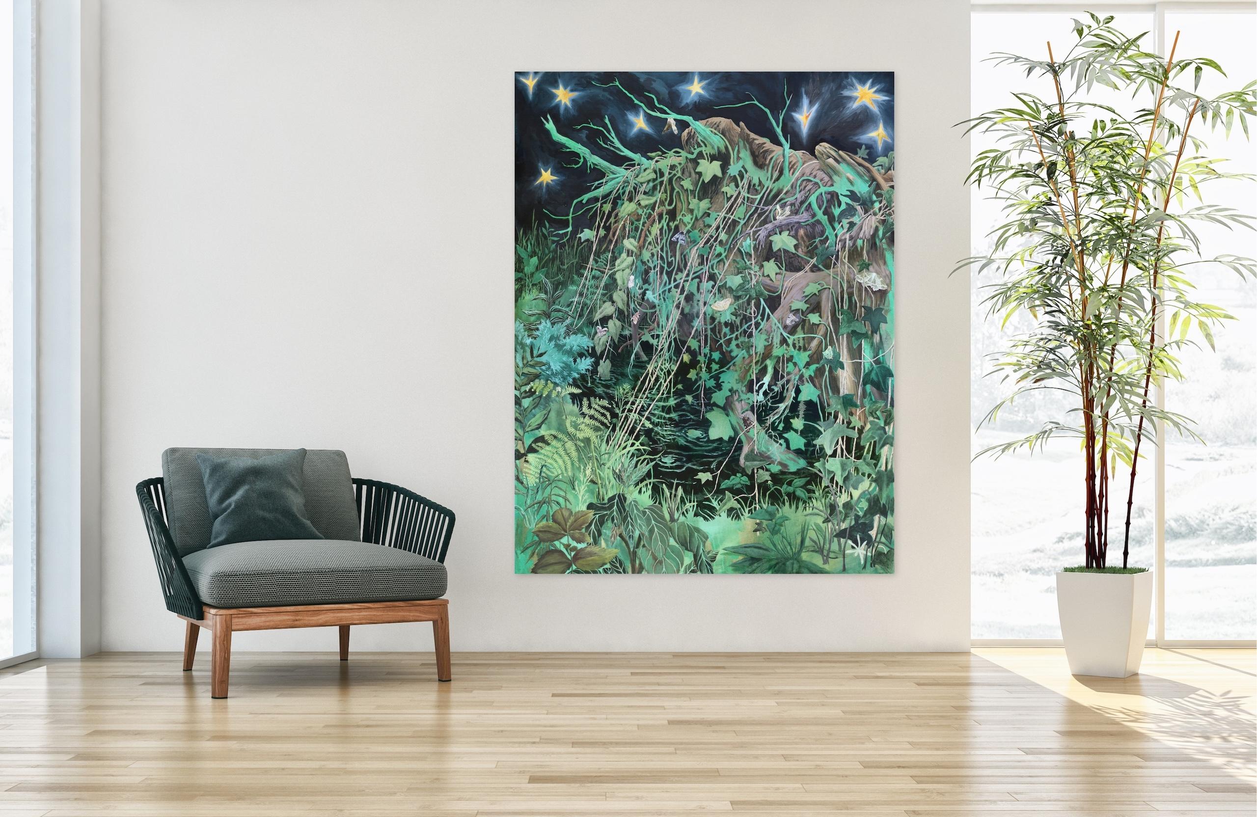 Willow Fallen par Rene His - peinture de paysage forestier, vert - Painting de Rene Gonzalez