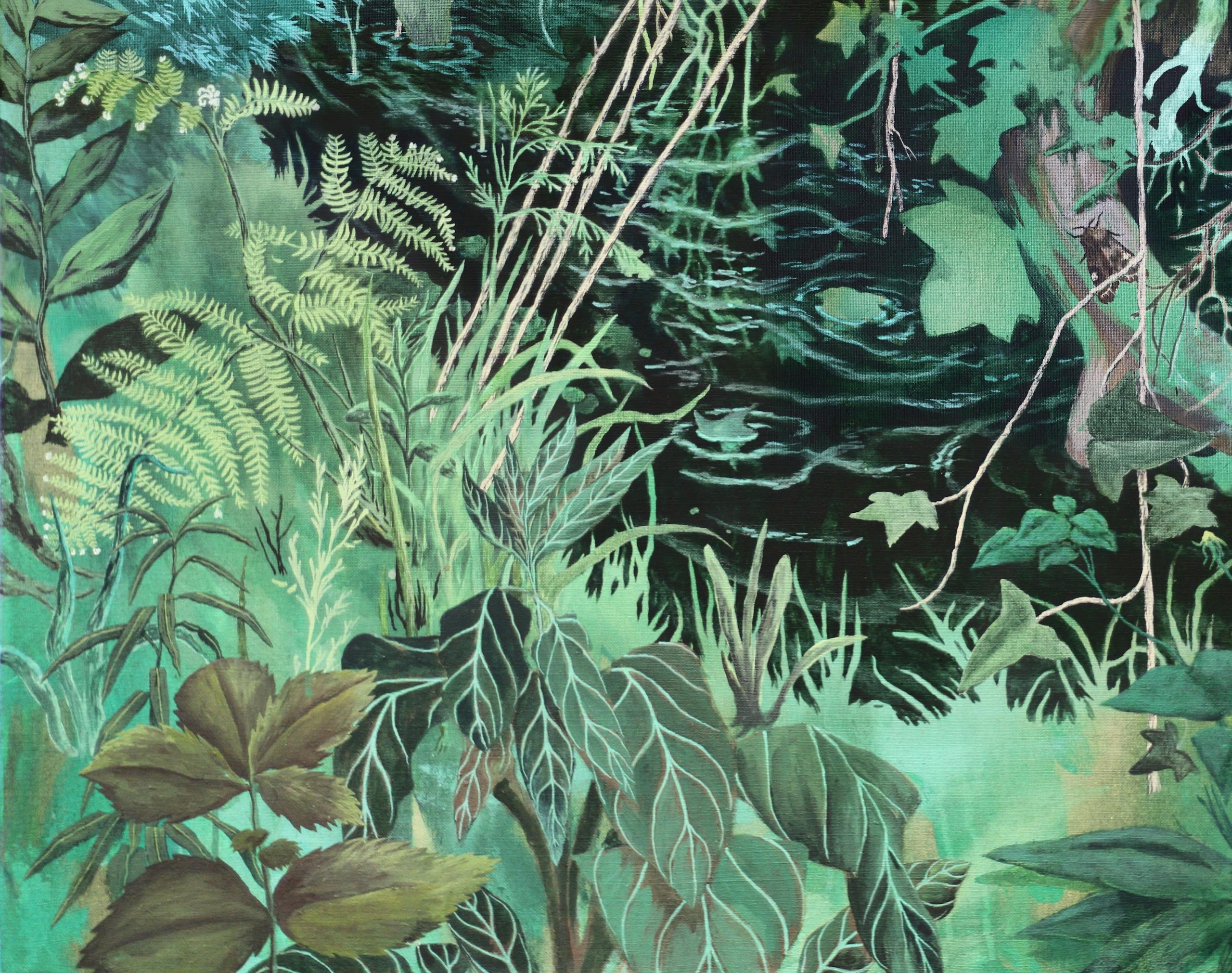 Willow Fallen par Rene His - peinture de paysage forestier, vert - Gris Animal Painting par Rene Gonzalez