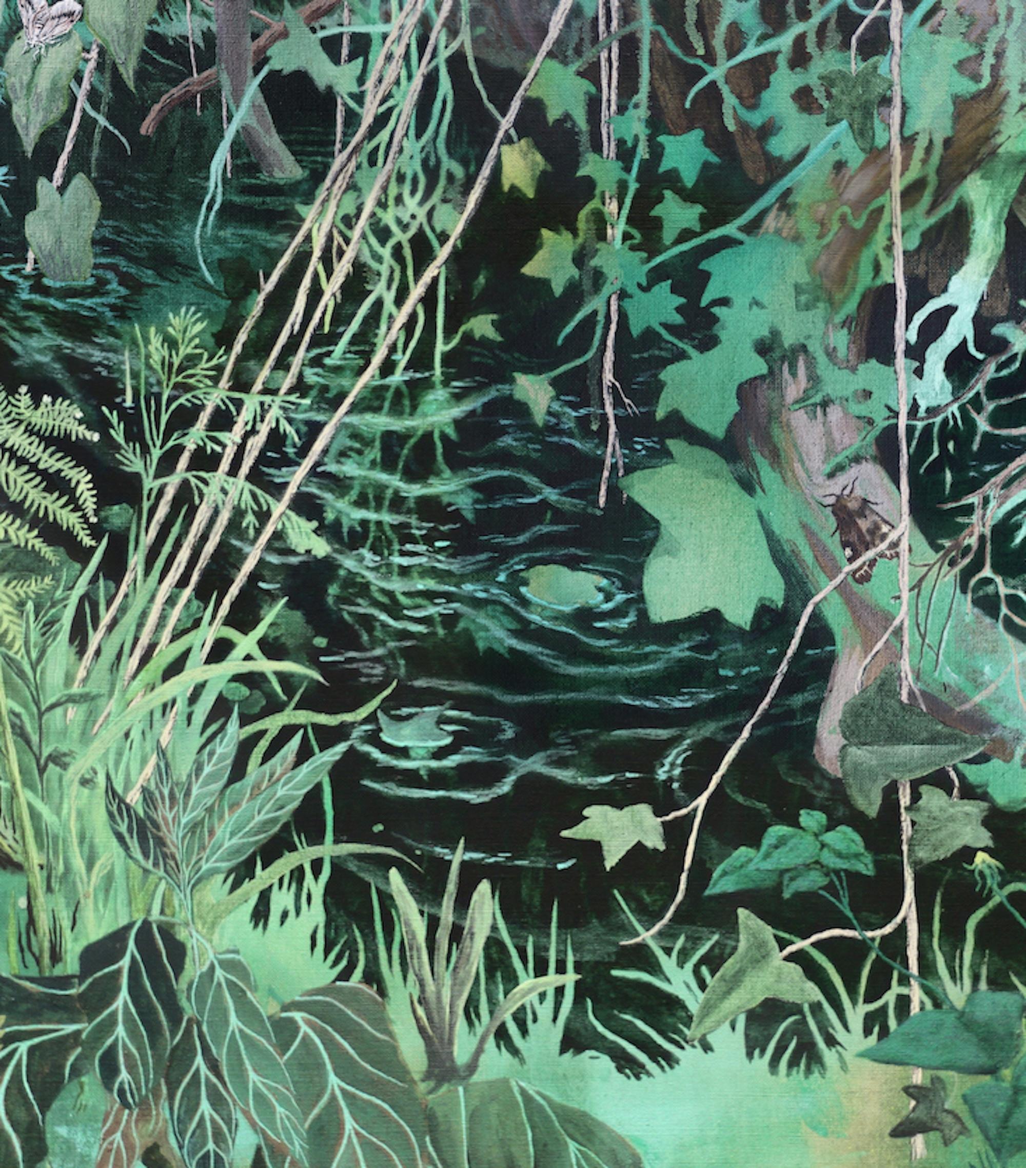 Willow Fallen par Rene His - peinture de paysage forestier, vert en vente 2