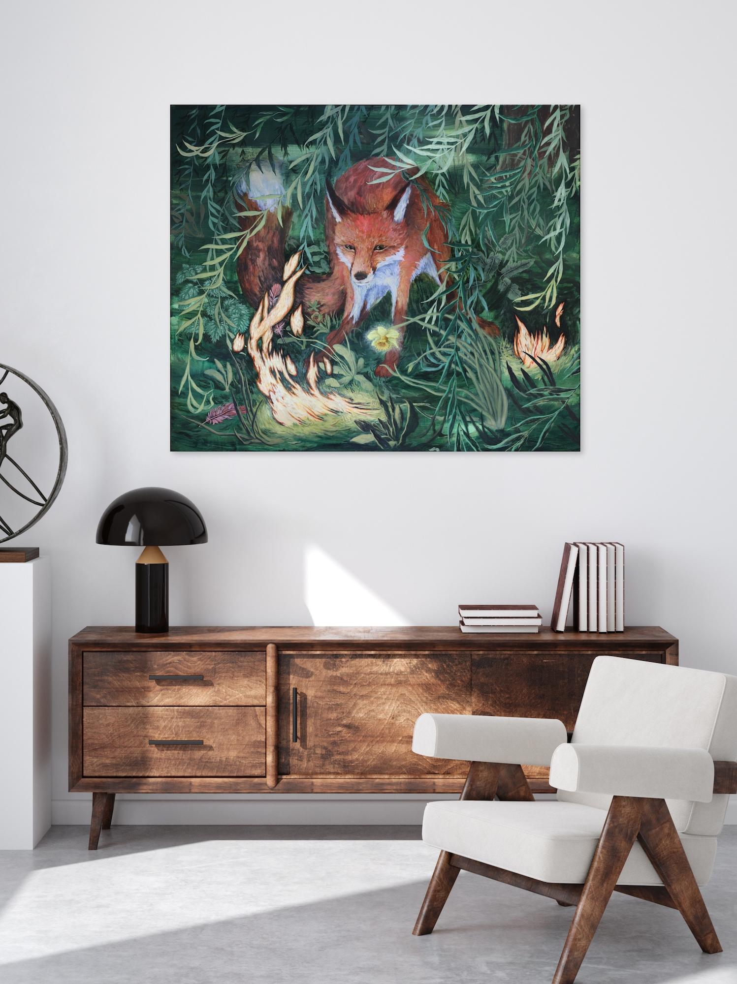 Llama bajo el sauce por Rene Gonzalez - pintura paisaje forestal, zorro en venta 1