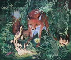 Flame Under The Willow by Rene Gonzalez - forest landscape painting, fox