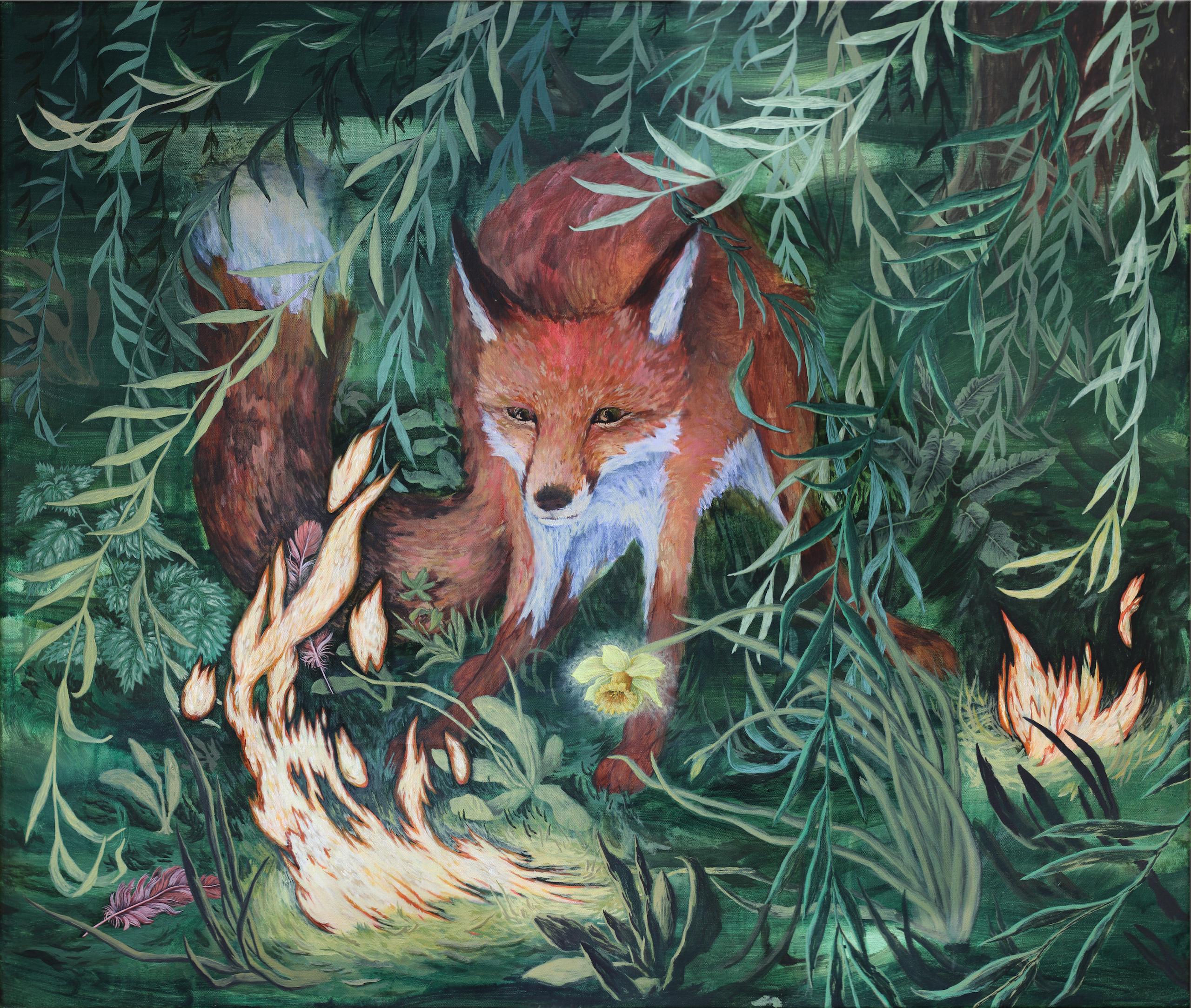 Flame Under The Willow by Rene Gonzalez - fox in forest, acrylic on canvas