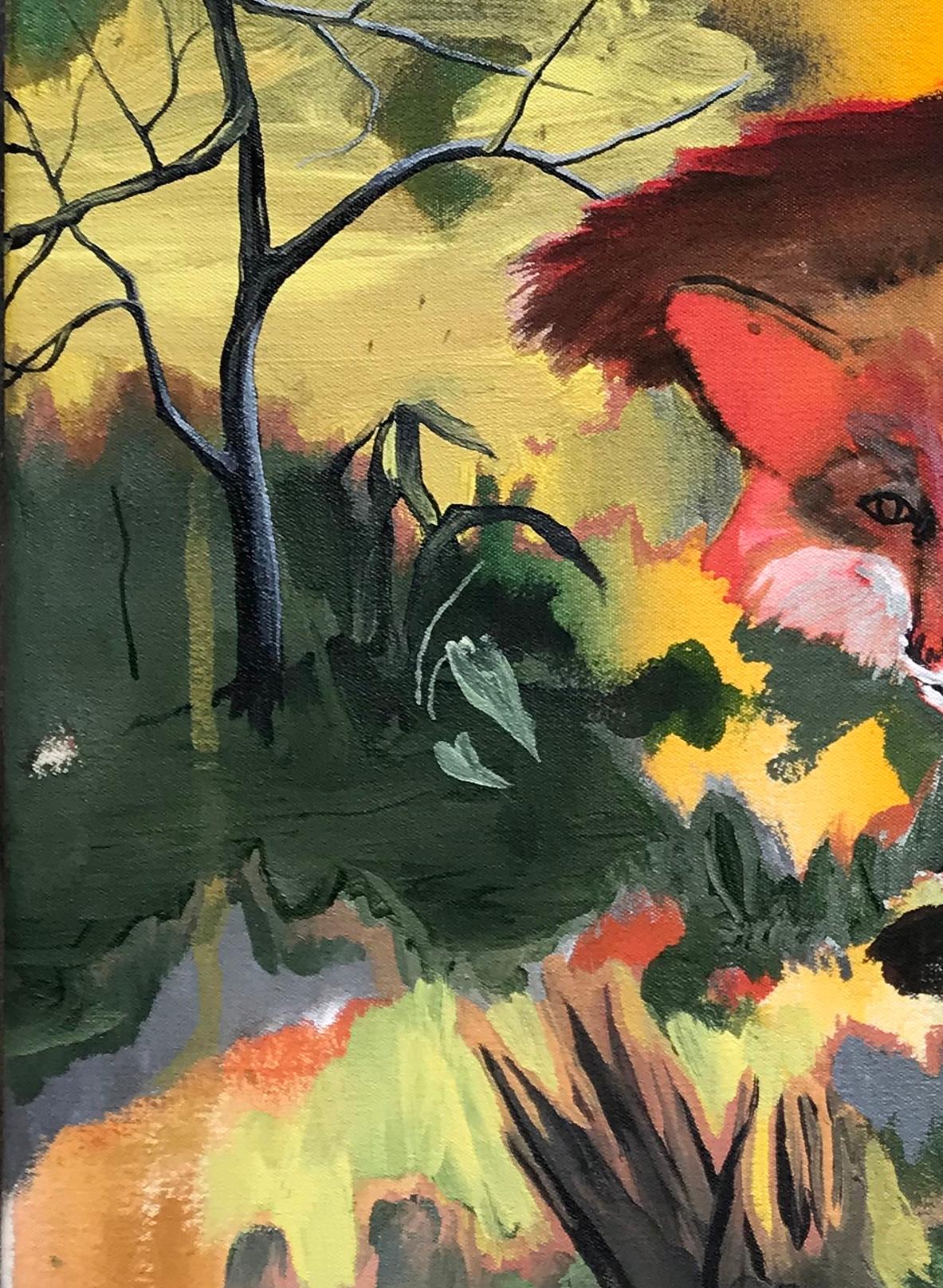 Volpe di Rene Gonzalez - dipinto di paesaggio forestale, volpe, rosso, natura, colori vivaci in vendita 9