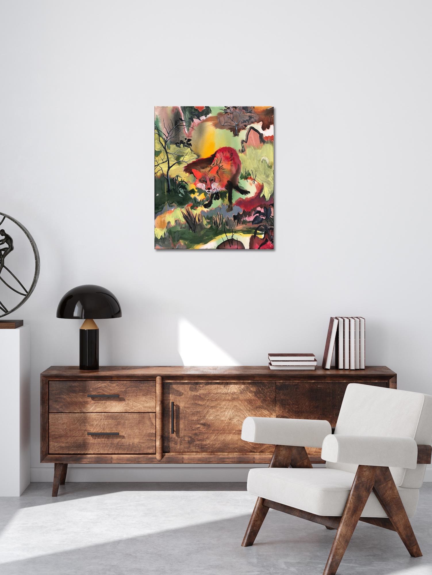 Fox by Rene Gonzalez - forest landscape painting, fox, red, nature, vivid colors en venta 1