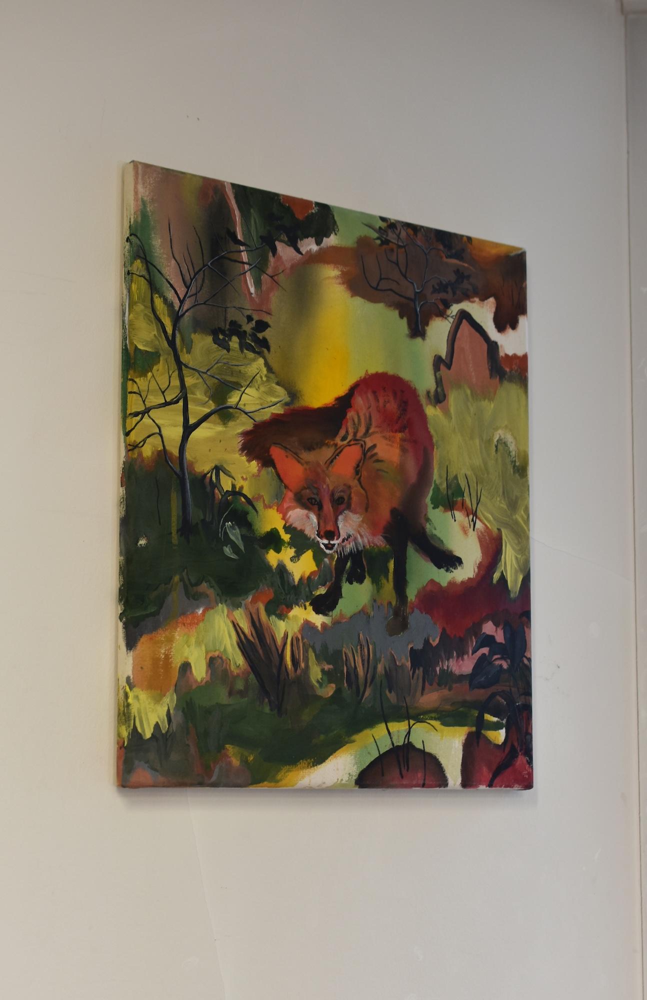 Fox by Rene Gonzalez - forest landscape painting, fox, red, nature, vivid colors en venta 2