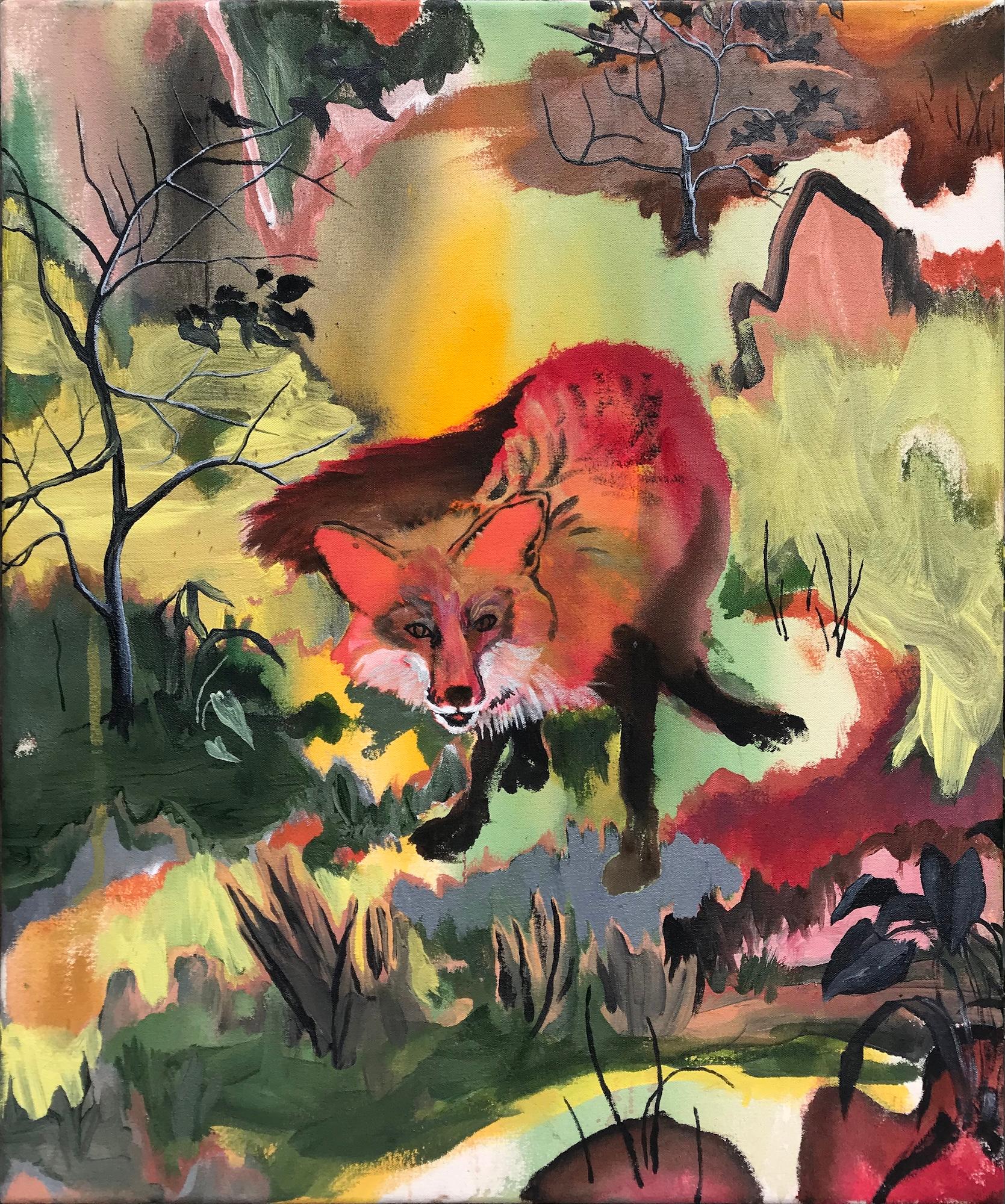 Volpe di Rene Gonzalez - dipinto di paesaggio forestale, volpe, rosso, natura, colori vivaci in vendita 3