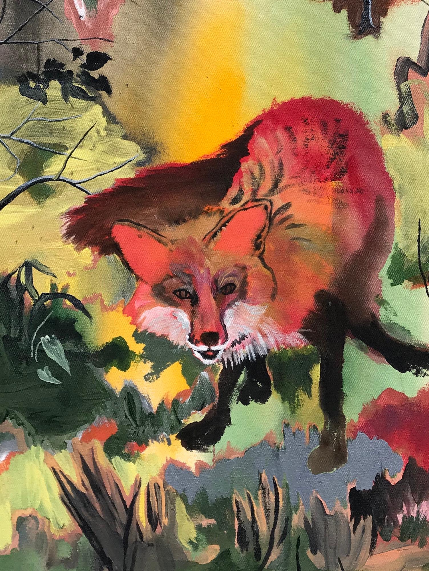 Fox by Rene Gonzalez - forest landscape painting, fox, red, nature, vivid colors en venta 4