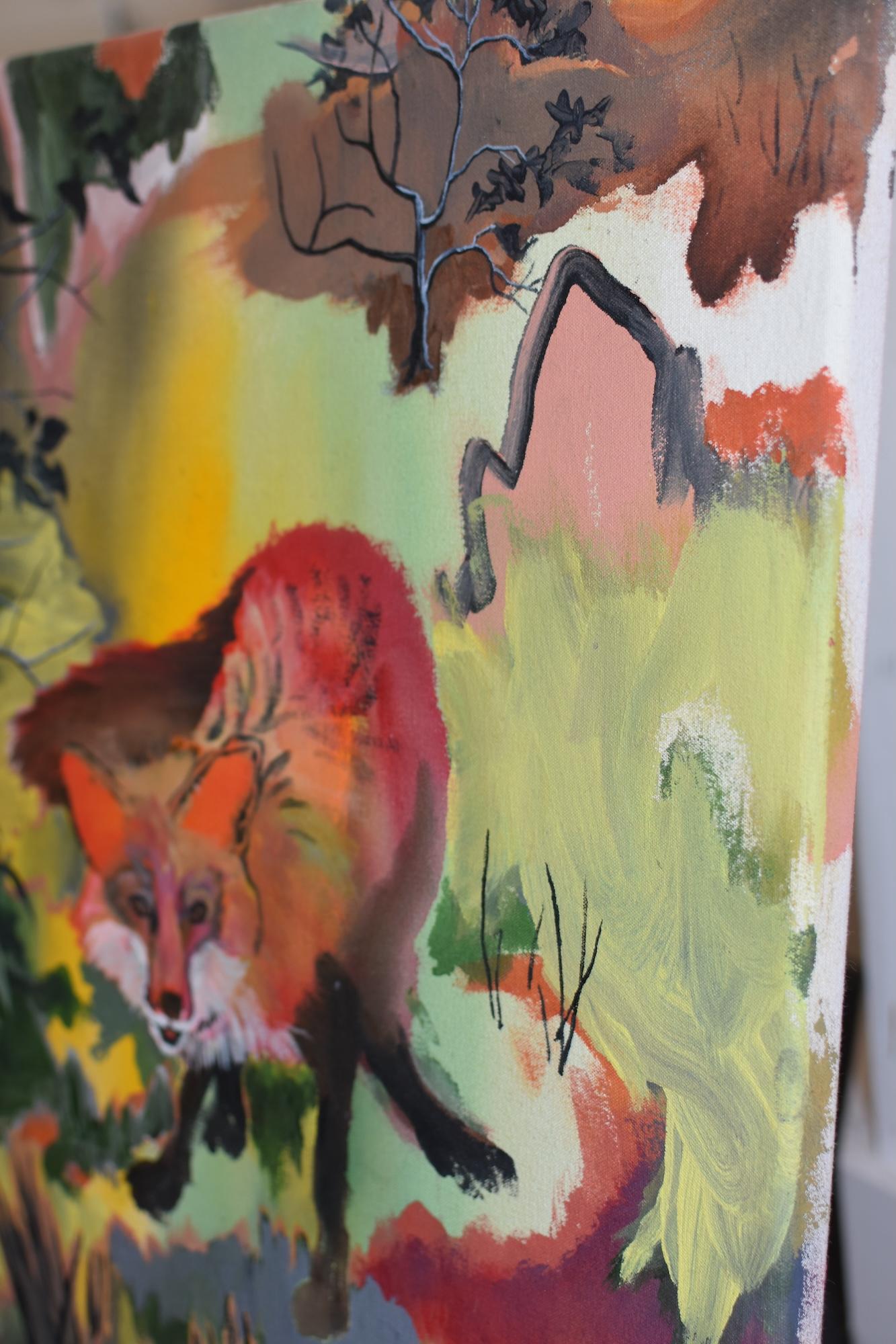 Volpe di Rene Gonzalez - dipinto di paesaggio forestale, volpe, rosso, natura, colori vivaci in vendita 5