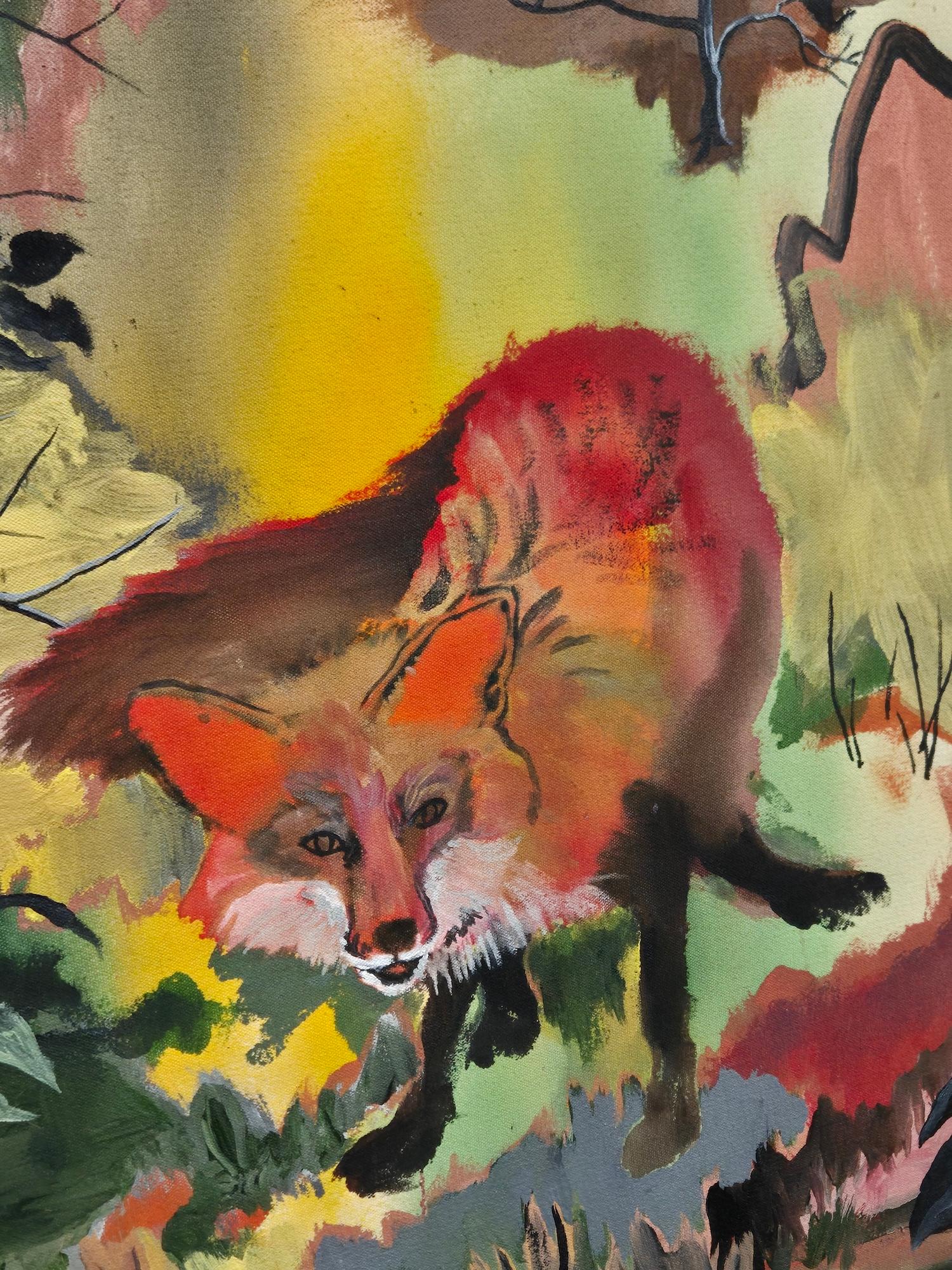 Volpe di Rene Gonzalez - dipinto di paesaggio forestale, volpe, rosso, natura, colori vivaci in vendita 6