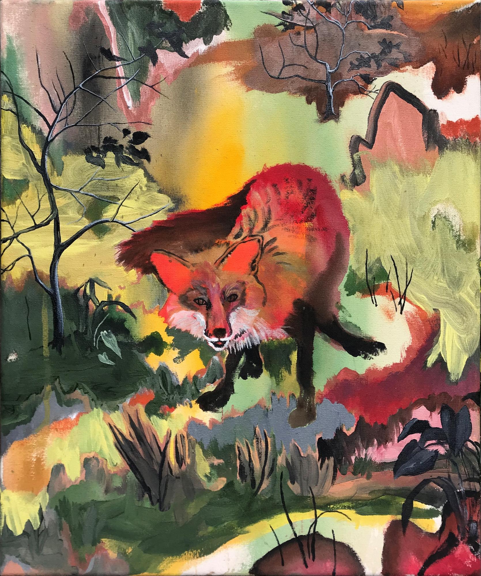 Fox by Rene Gonzalez - forest landscape painting, fox, red, nature, vivid colors