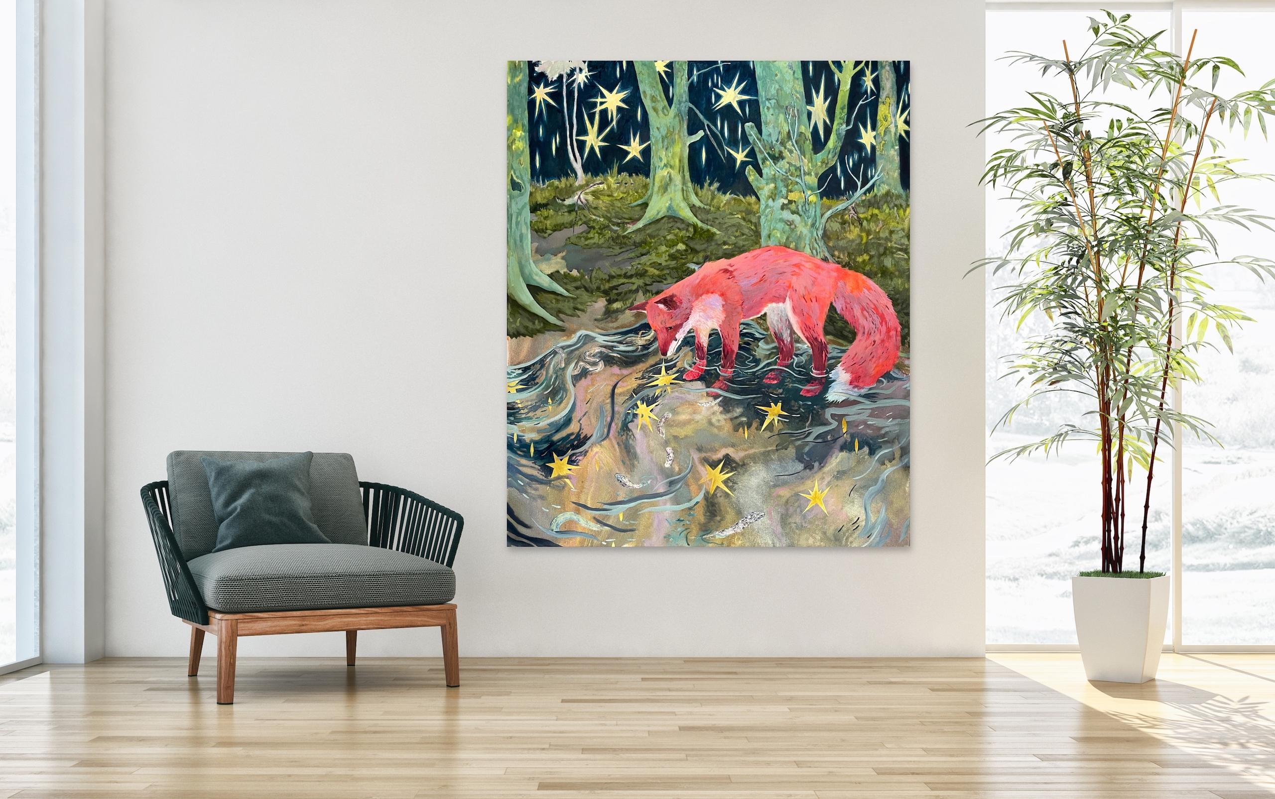 Illusory Star von Rene Gonzalez - Waldlandschaftsgemälde, Fuchs, Himmel, Fluss im Angebot 1