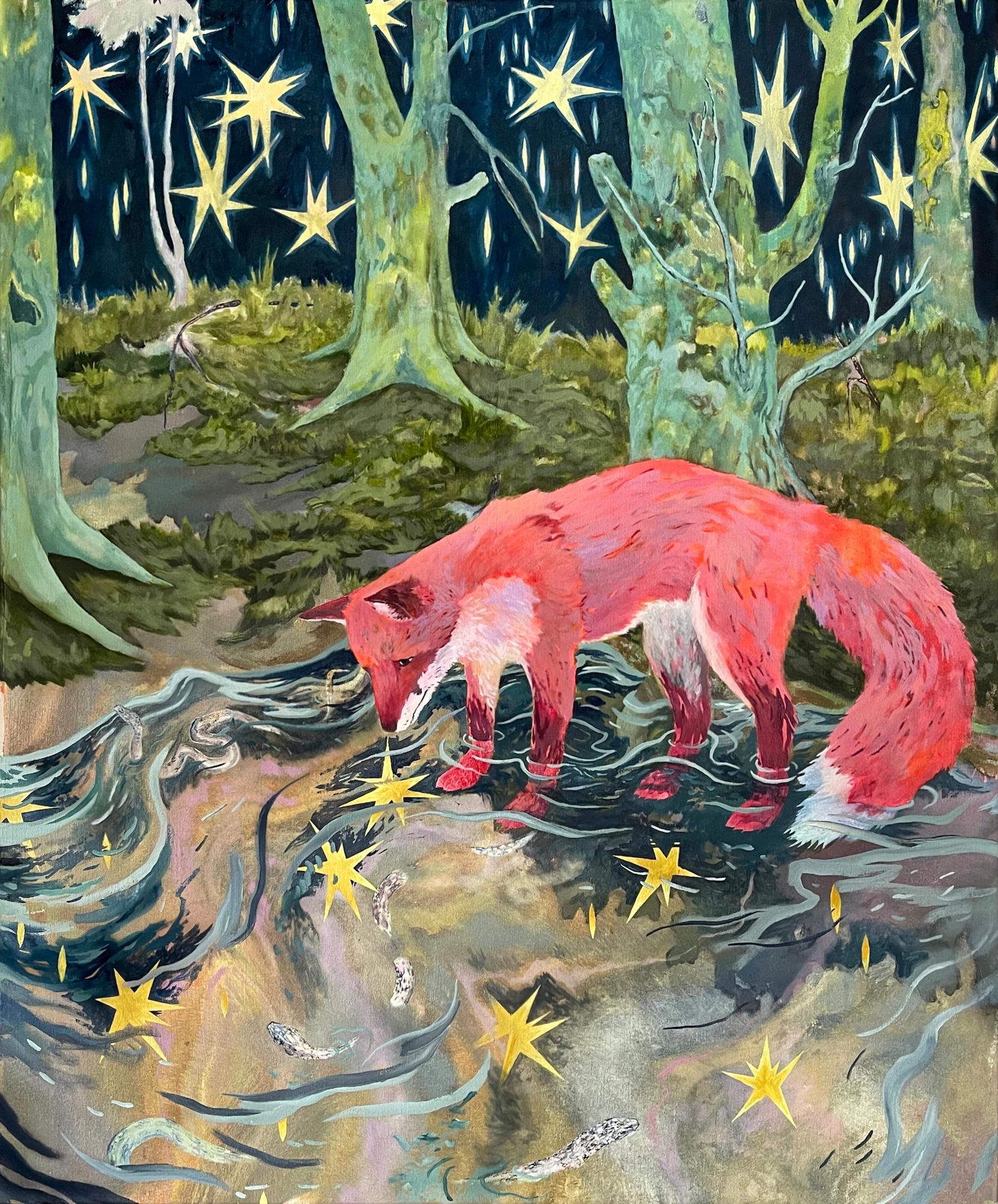 Illusory Star by Rene Gonzalez - forest landscape painting, fox, sky, river