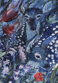 Penumbra (What Follows You ?) de R Gonzalez - Peinture de scène de nuit, animaux, flore