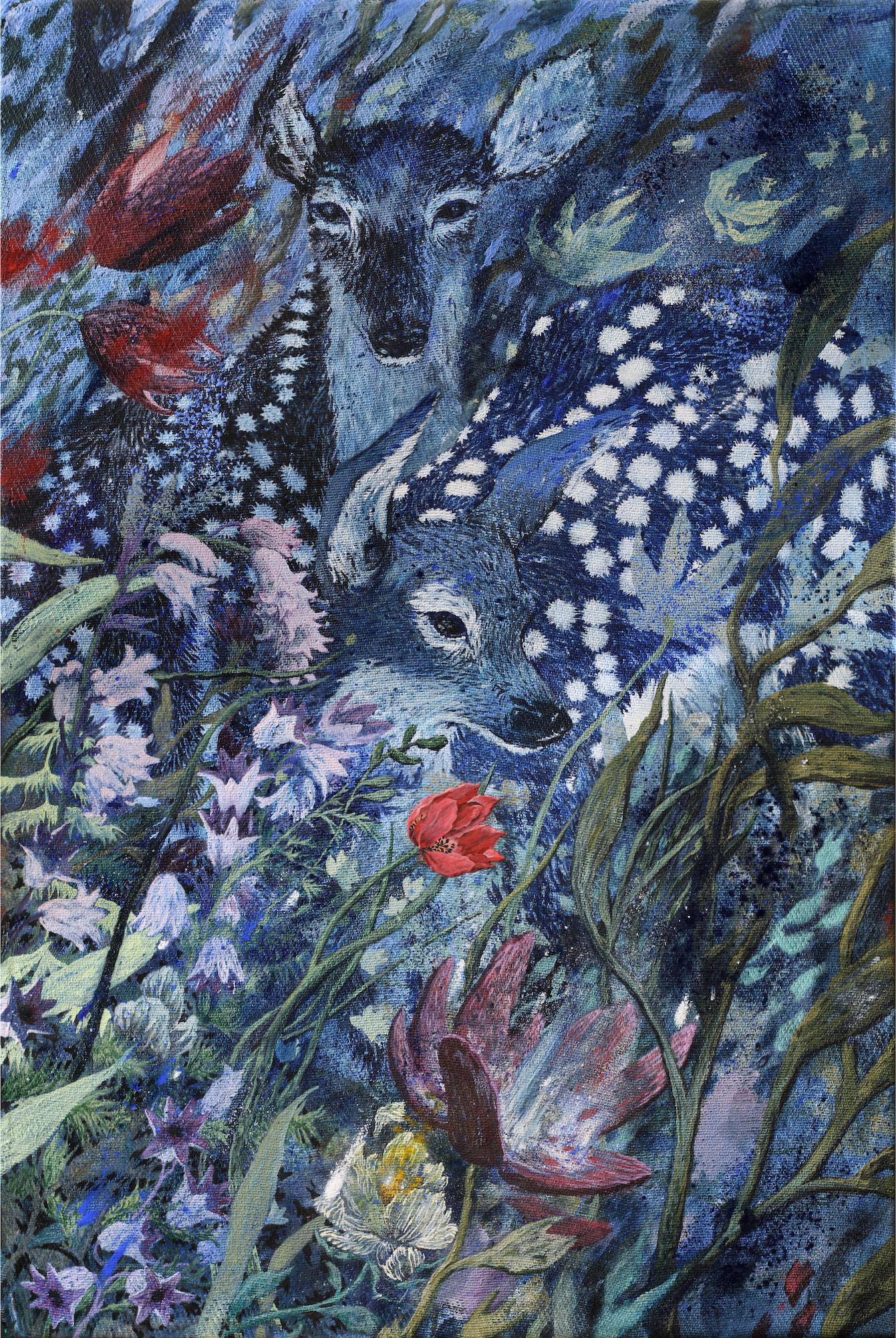 Penumbra (What Follows You?) is an acrylic painting on raw linen canvas by artist René Gonzalez. The painting represents two deer nestled among wildflowers.
Dimensions are 75 × 50 cm (29.5 × 19.6 in). This artwork is signed and sold with a