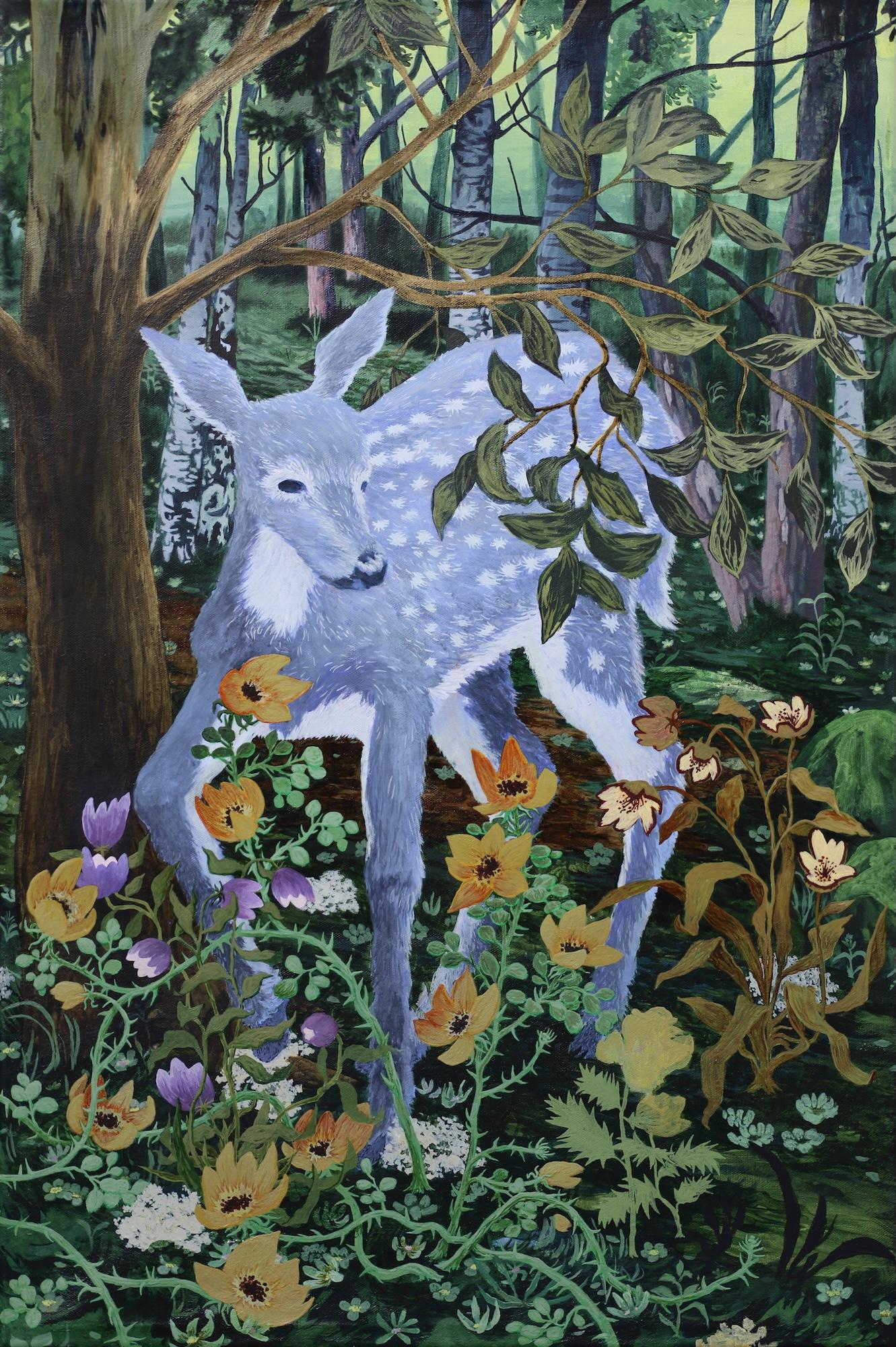 Prickly Flowers by Rene Gonzalez - forest landscape acrylic painting, animal