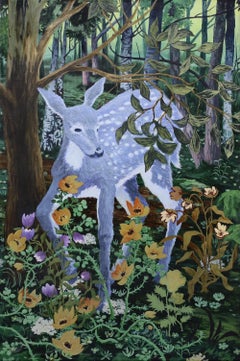 Prickly Flowers by Rene Gonzalez - Forest Scene with Animal, Acrylic Painting