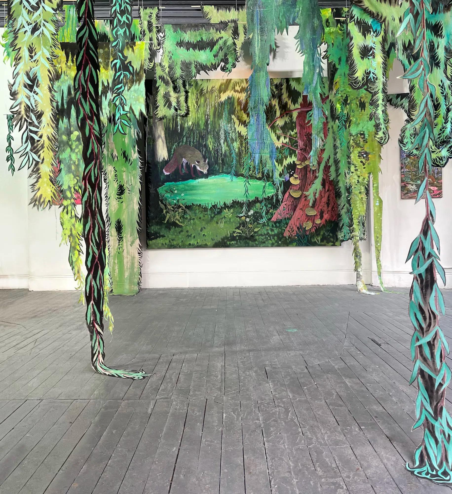 Shadow under the Willow Tree von Rene Gonzalez – Landschaftsgemälde, Fuchs, Wald im Angebot 1