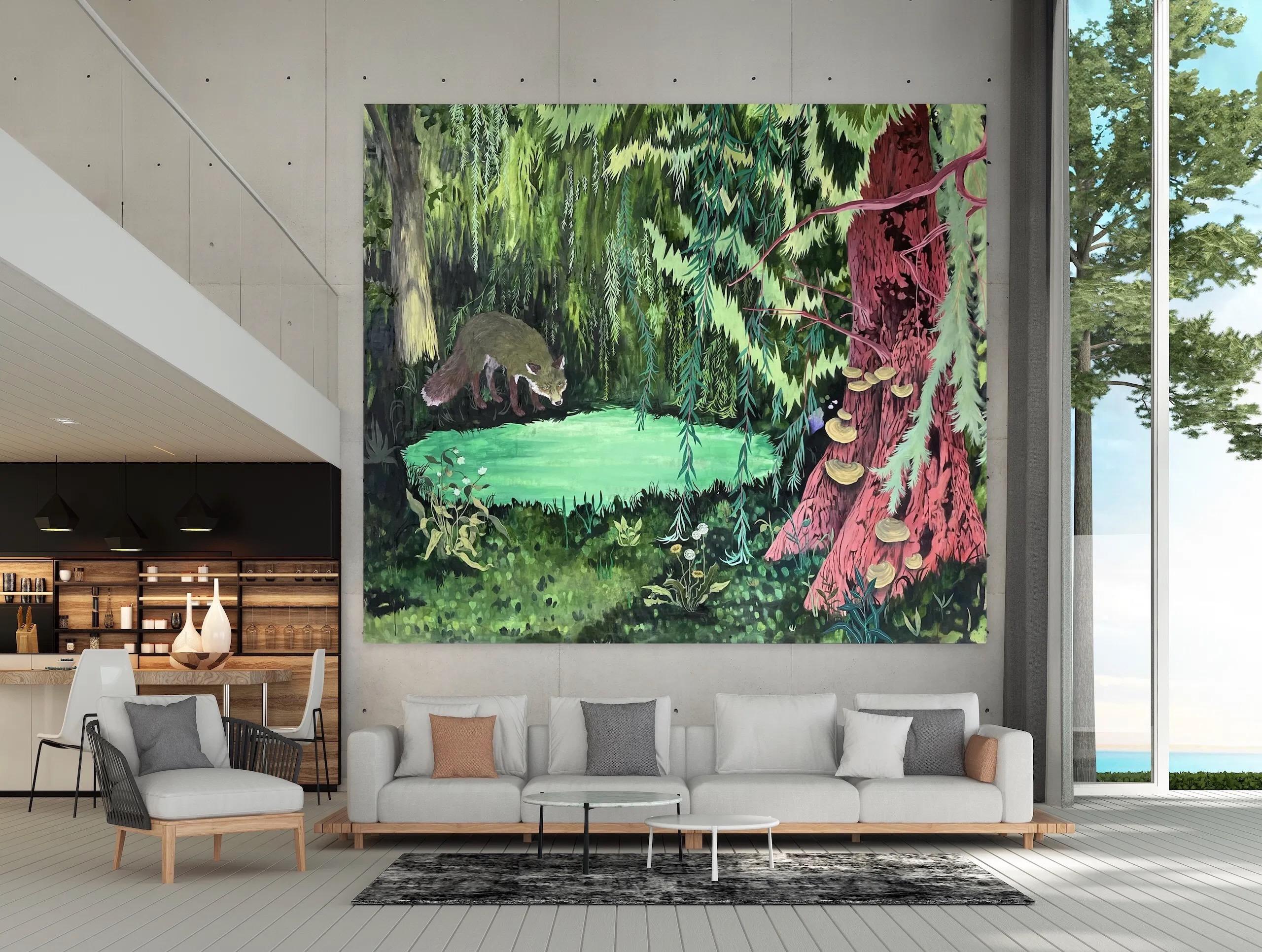 Sombra bajo el sauce de Rene Gonzalez - pintura de paisaje, zorro, bosque en venta 3