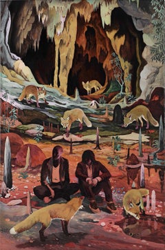 Shadows Dancing by Rene Gonzalez - forest landscape painting, fox, red, nature