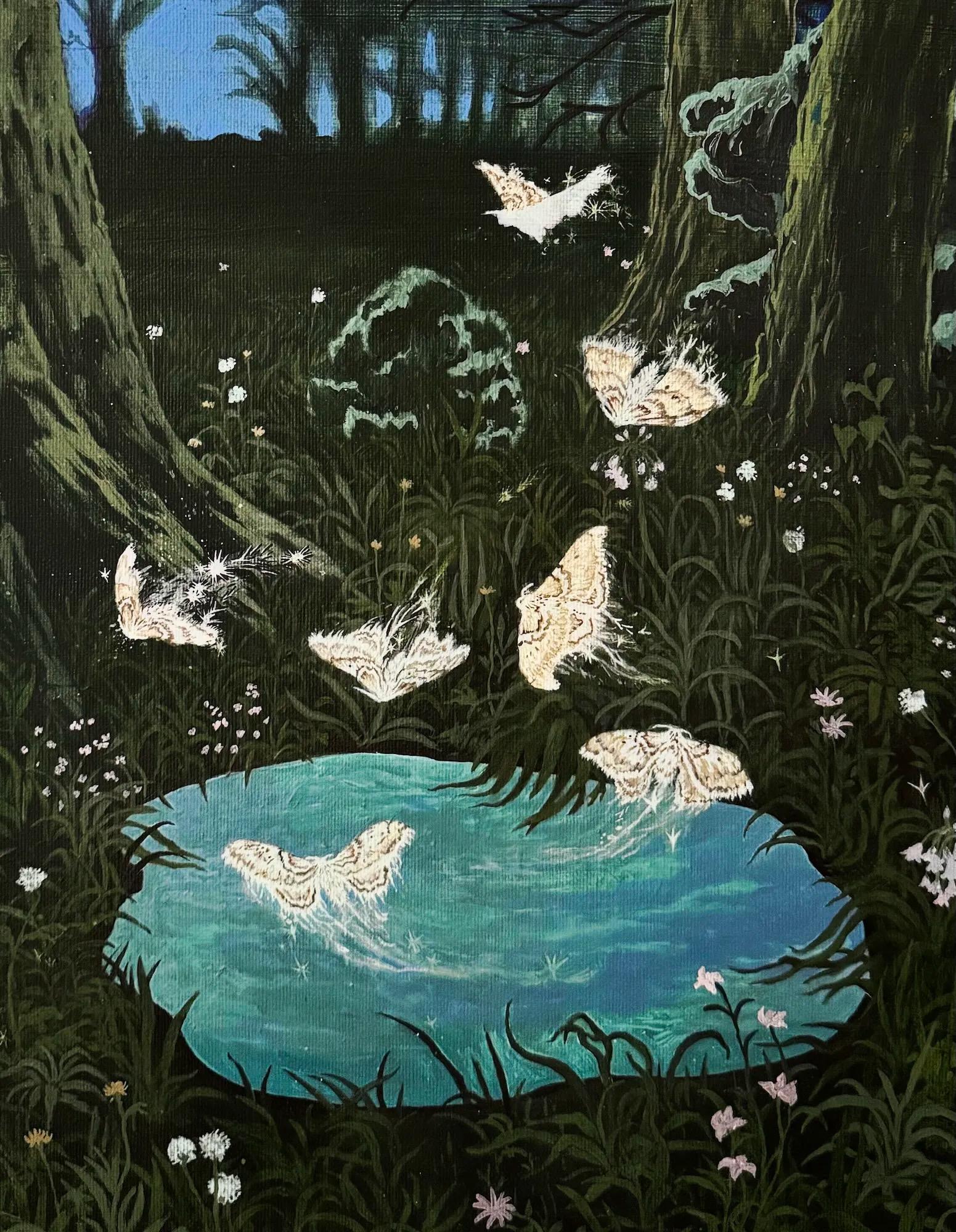 Silk Flutters in the Woods di Rene Gonzalez - paesaggio boschivo con farfalle in vendita 1