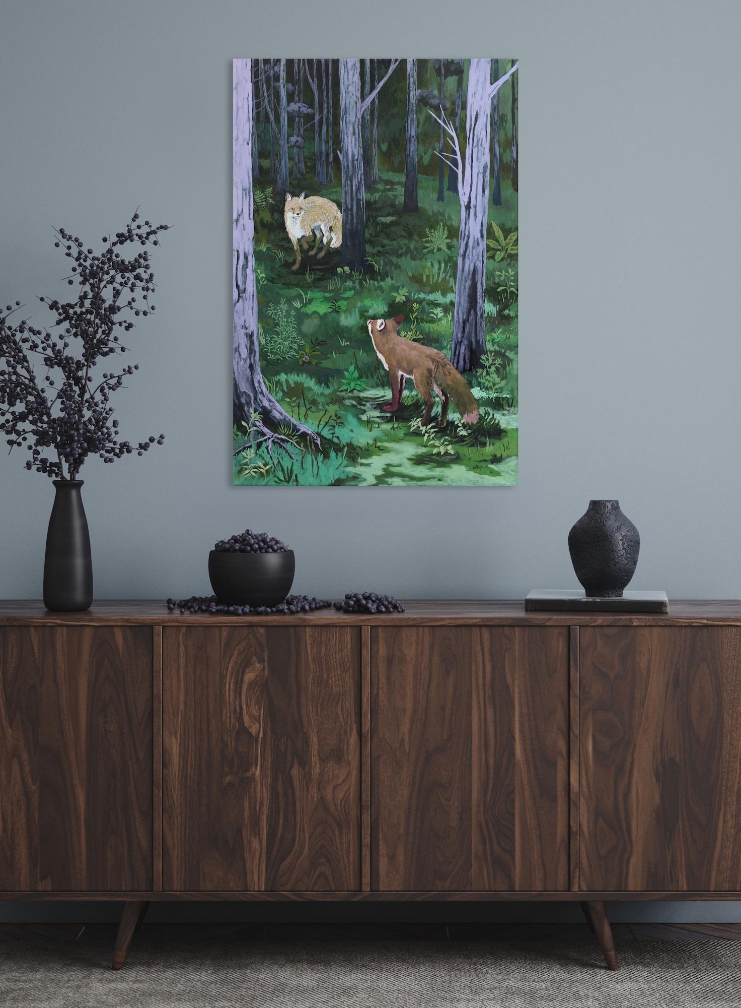 Where the Forest is Darkest von Rene Gonzalez – Waldlandschaftsgemälde, Fuchs im Angebot 1