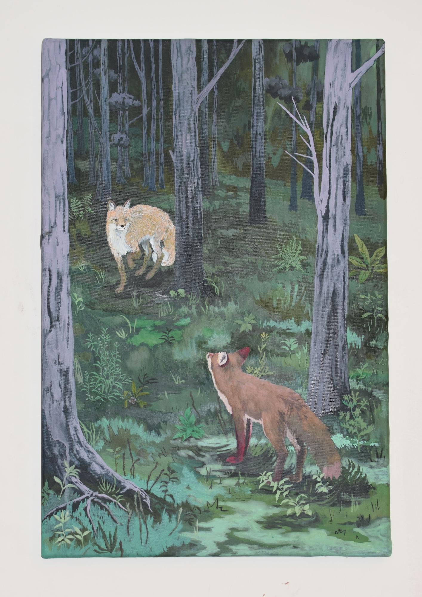 Where the Forest is Darkest by Rene Gonzalez - forest landscape painting, fox im Angebot 2