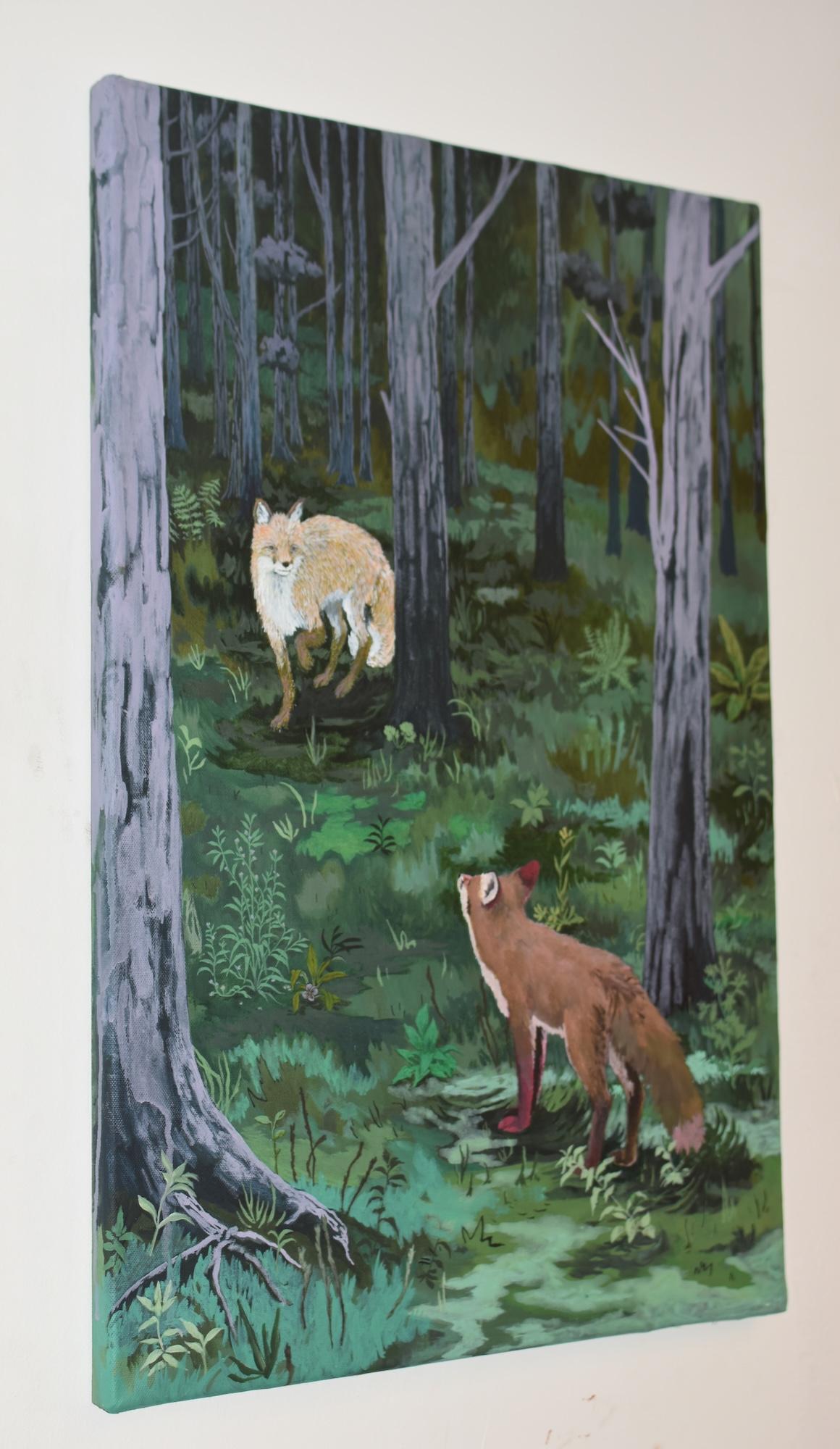 Where the Forest is Darkest by Rene Gonzalez - forest landscape painting, fox im Angebot 3