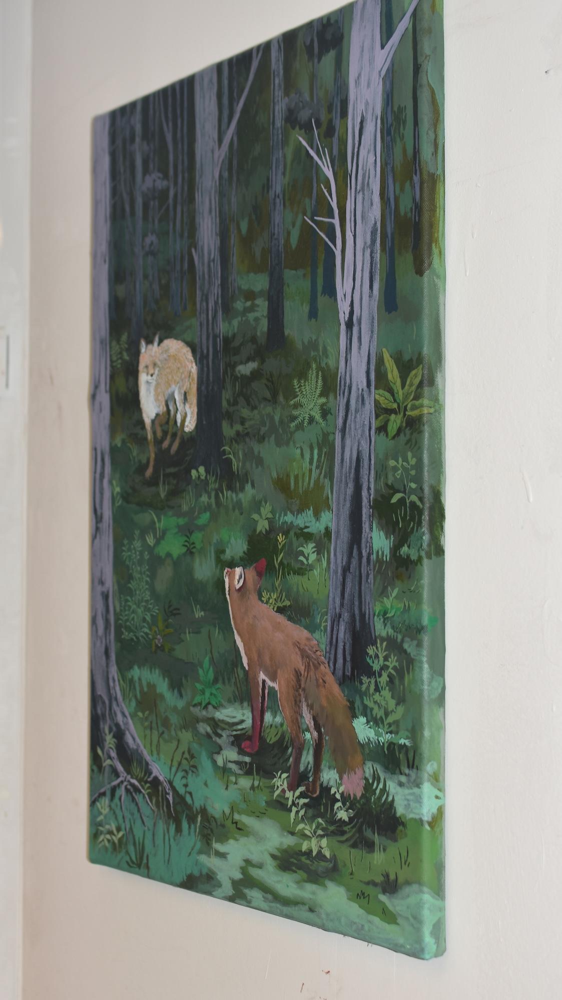 Where the Forest is Darkest by Rene Gonzalez - forest landscape painting, fox im Angebot 4