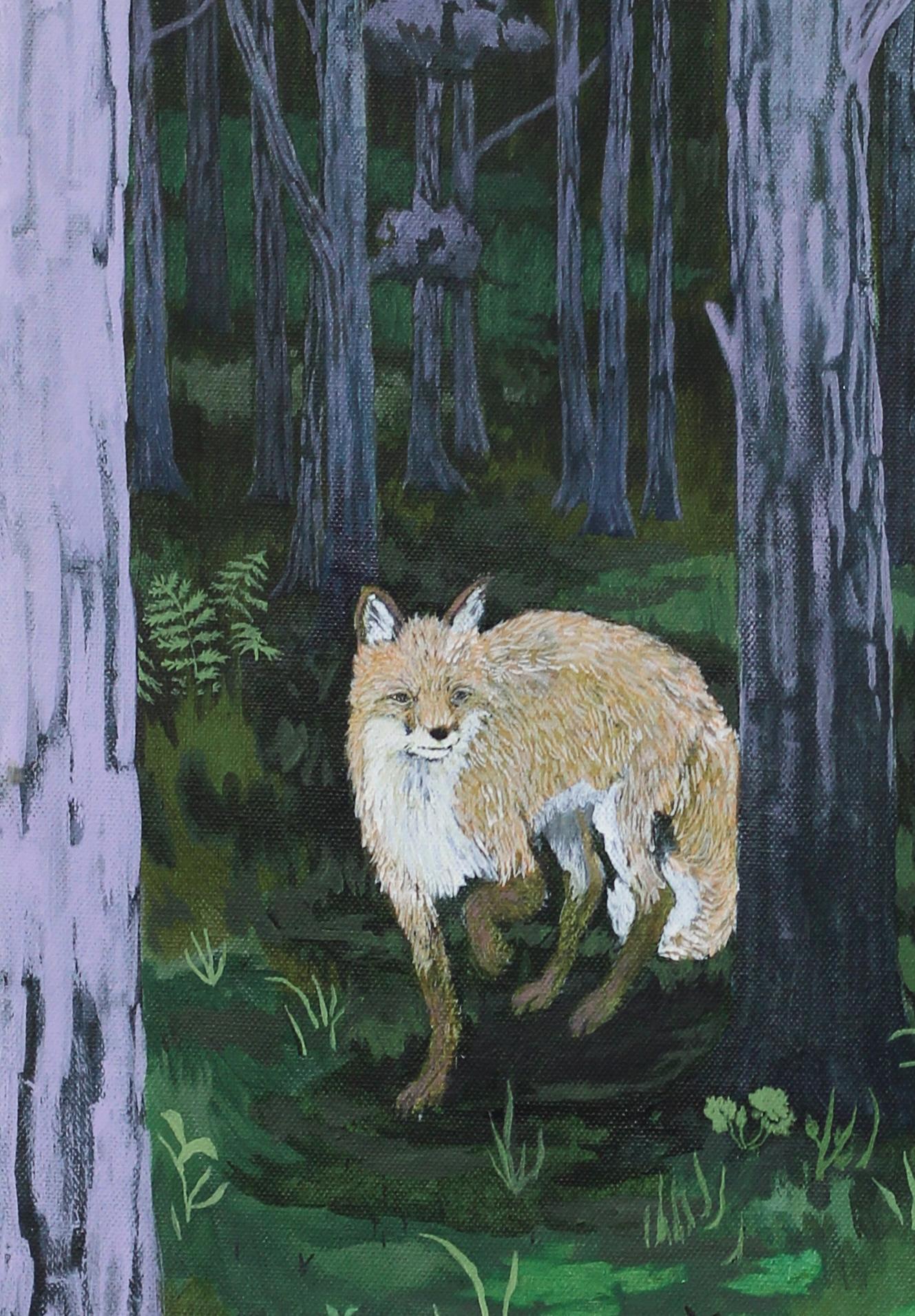 Where the Forest is Darkest by Rene Gonzalez - forest landscape painting, fox im Angebot 5