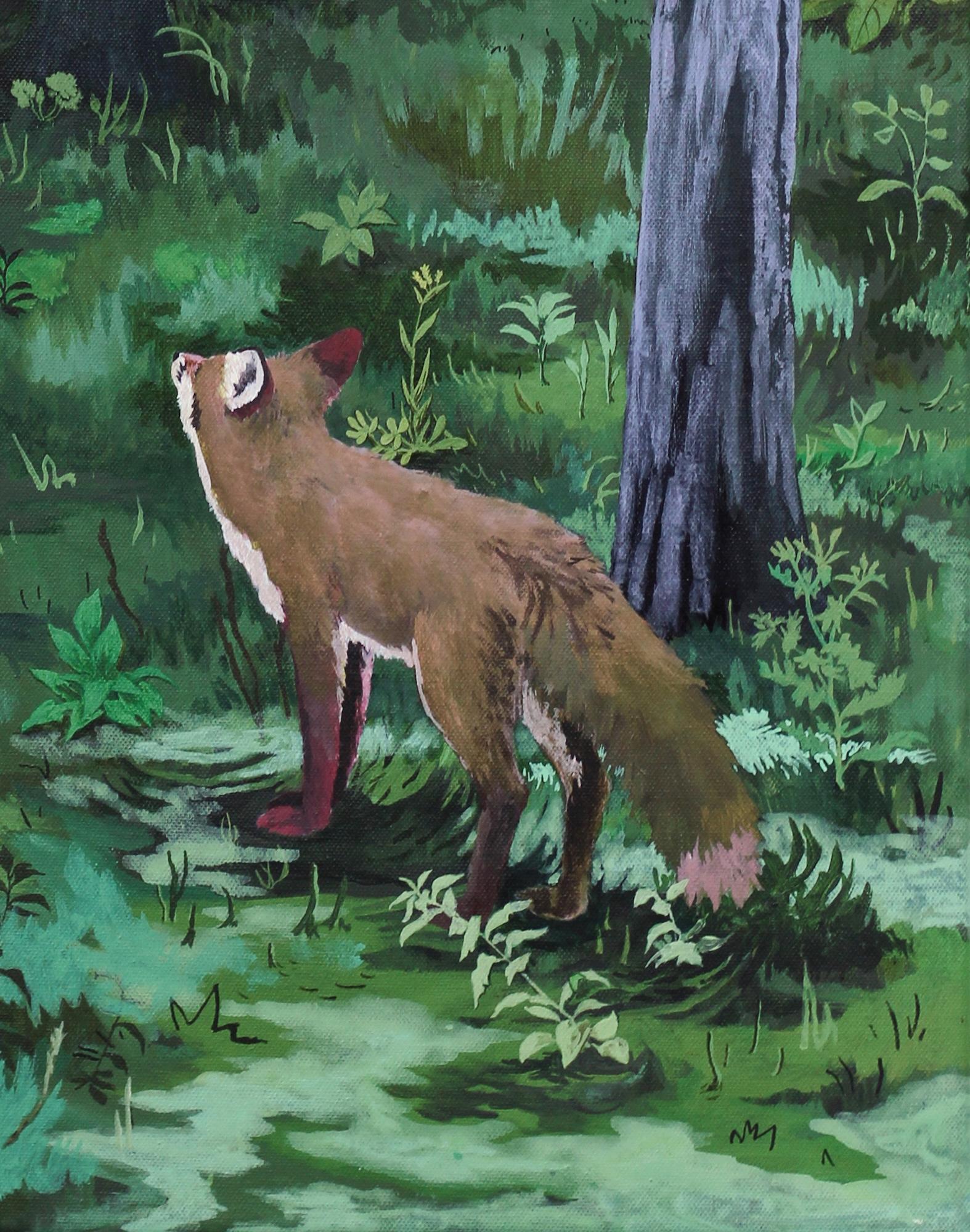 Where the Forest is Darkest by Rene Gonzalez - forest landscape painting, fox im Angebot 6