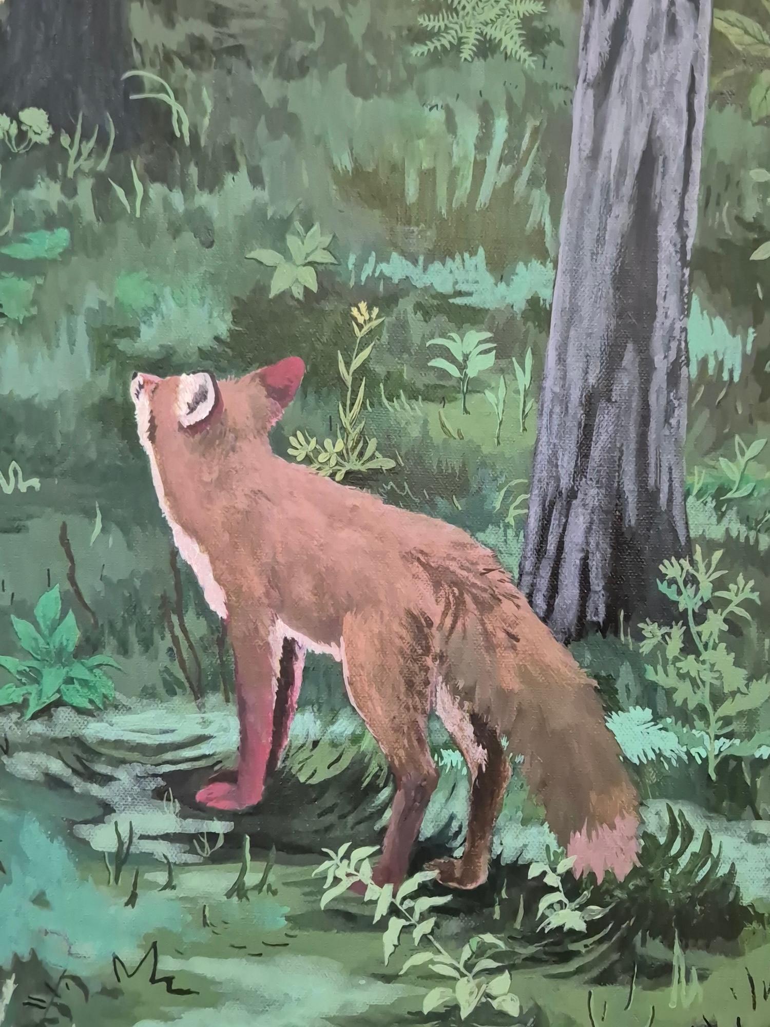 Where the Forest is Darkest by Rene Gonzalez - forest landscape painting, fox im Angebot 7