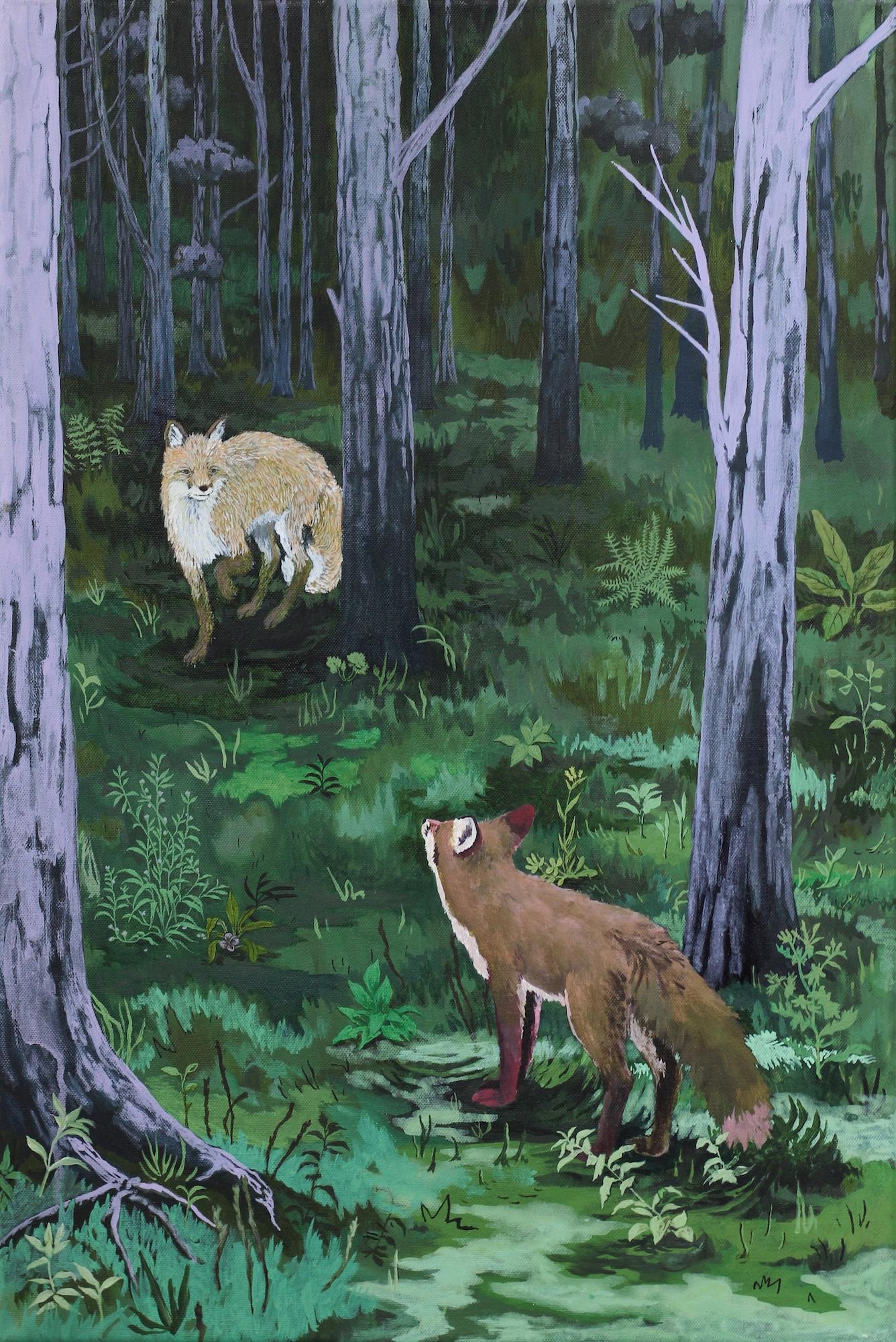 Where the Forest is Darkest by Rene Gonzalez - forest landscape painting, fox