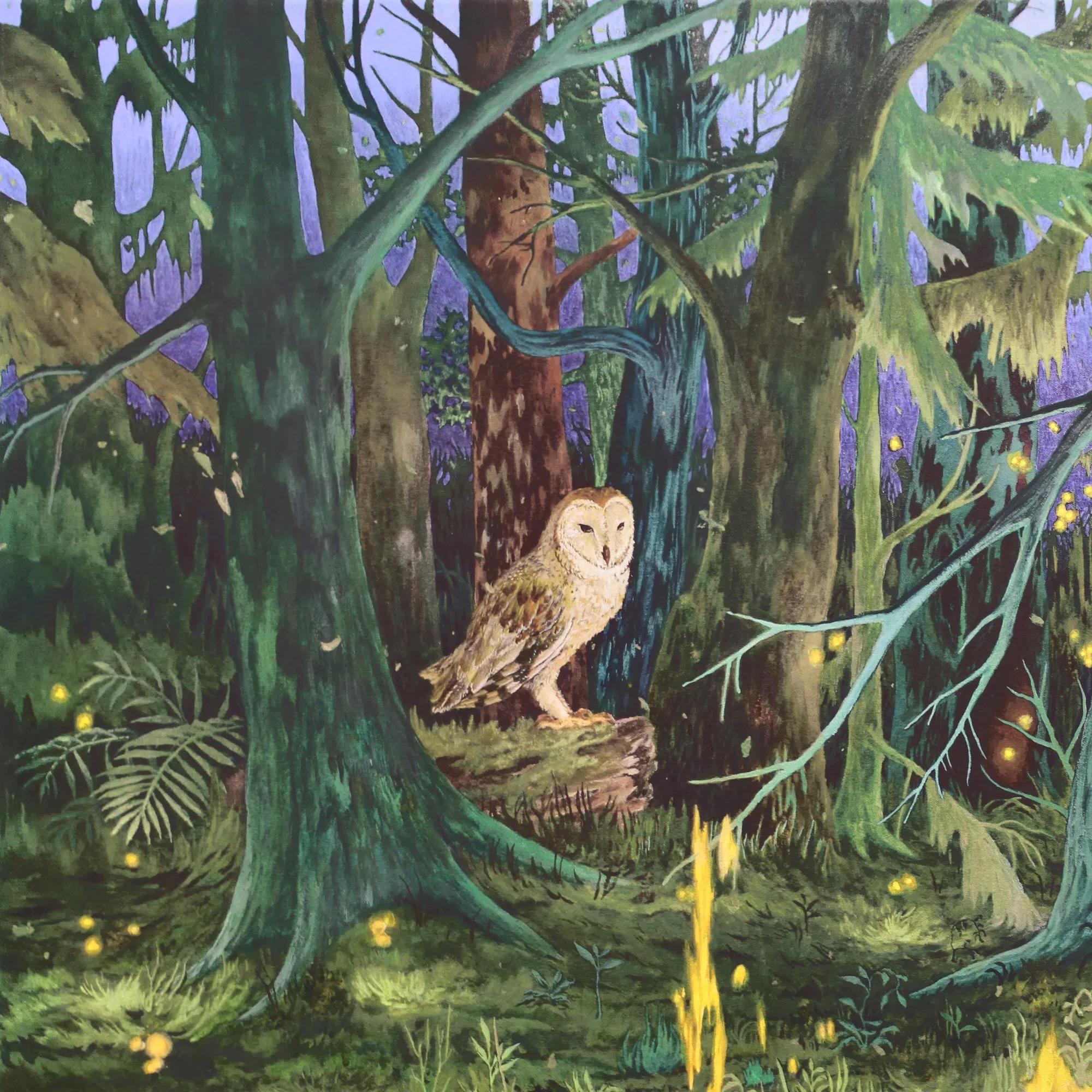 The Will o' the Wisps von Rene Gonzalez - Waldlandschaft mit Eule, Wasser und Feuer im Angebot 1